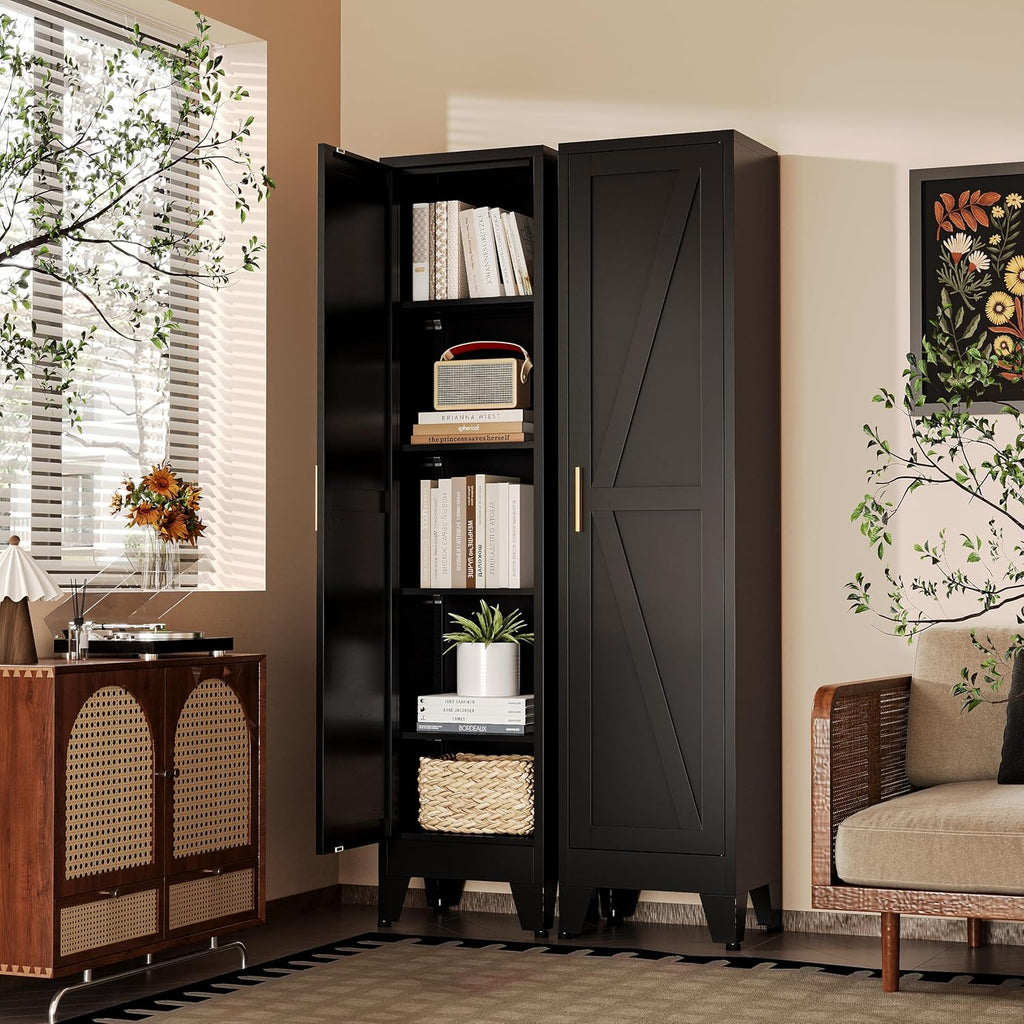 67'H Metal Narrow Kitchen Pantry Cabinet,Black Skinny Pantry Cabinet,Tall Narrow Bathroom Storage Cabinet with Adjustable Shelves,Slim and Thin Pantry Cabinets for Living Room Dining Room