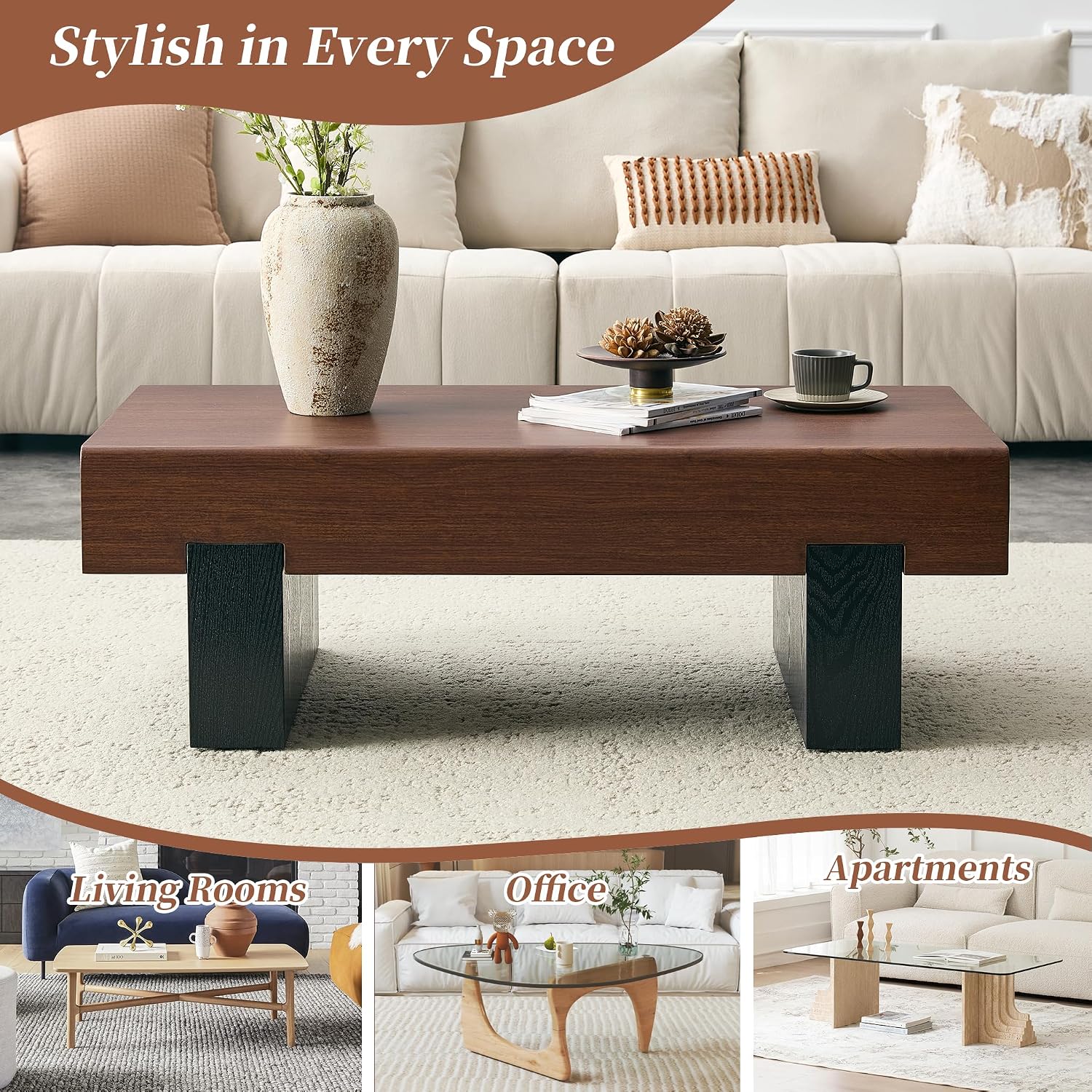 Walnut Wood Coffee Table with Storage Modern Small Coffee Table for Living Room Rectangle Farmhouse Center Table Thick Tabletop