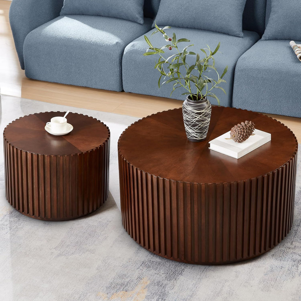 Round Wood Coffee Table Set of 2, Handcraft Drum Side Table End Table for Living Room, Modern Circle Wooden Coffee Table Set for Small Space, No Need Assembly(Espresso,31x31x16 in)
