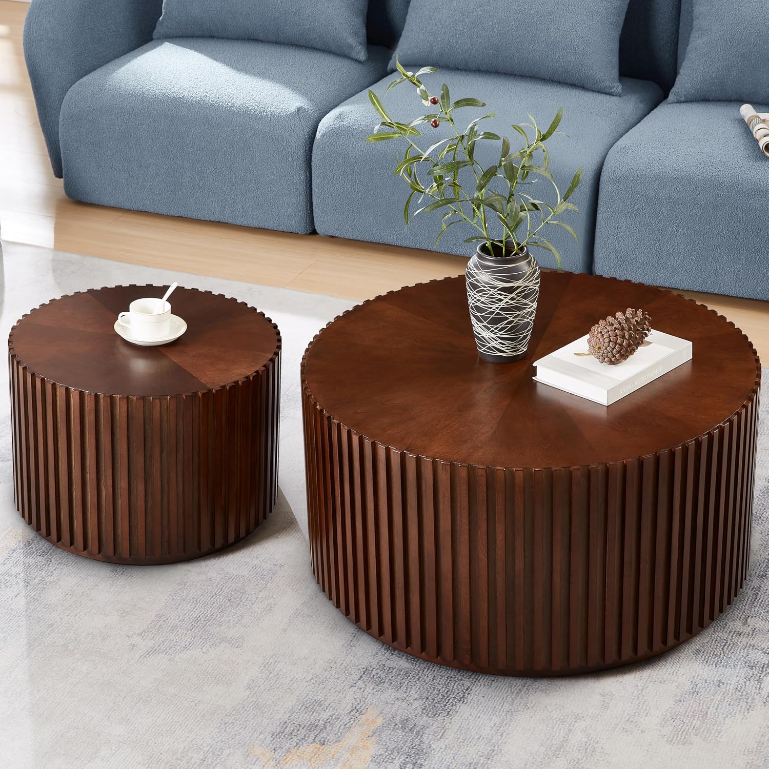 Round Wood Coffee Table Set of 2, Handcraft Drum Side Table End Table for Living Room, Modern Circle Wooden Coffee Table Set for Small Space, No Need Assembly(Espresso,31x31x16 in)