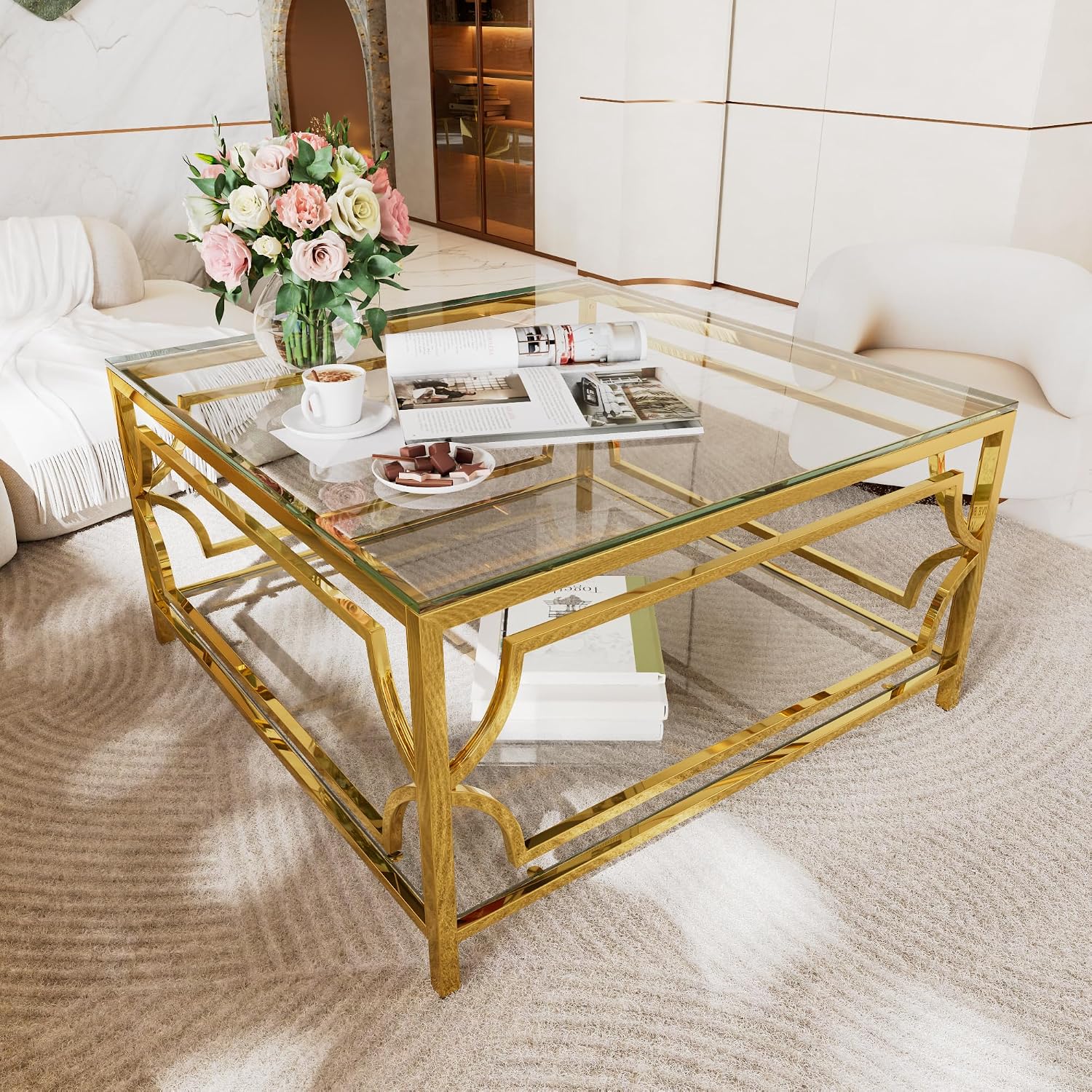 33.5' Square Glass Coffee Table with Storage, Modern 2-Tier Tempered Glass Accent Coffee Table with Metal Frame for Living Room, Minimalist Gold Cocktail Center Table for Office, Apartment