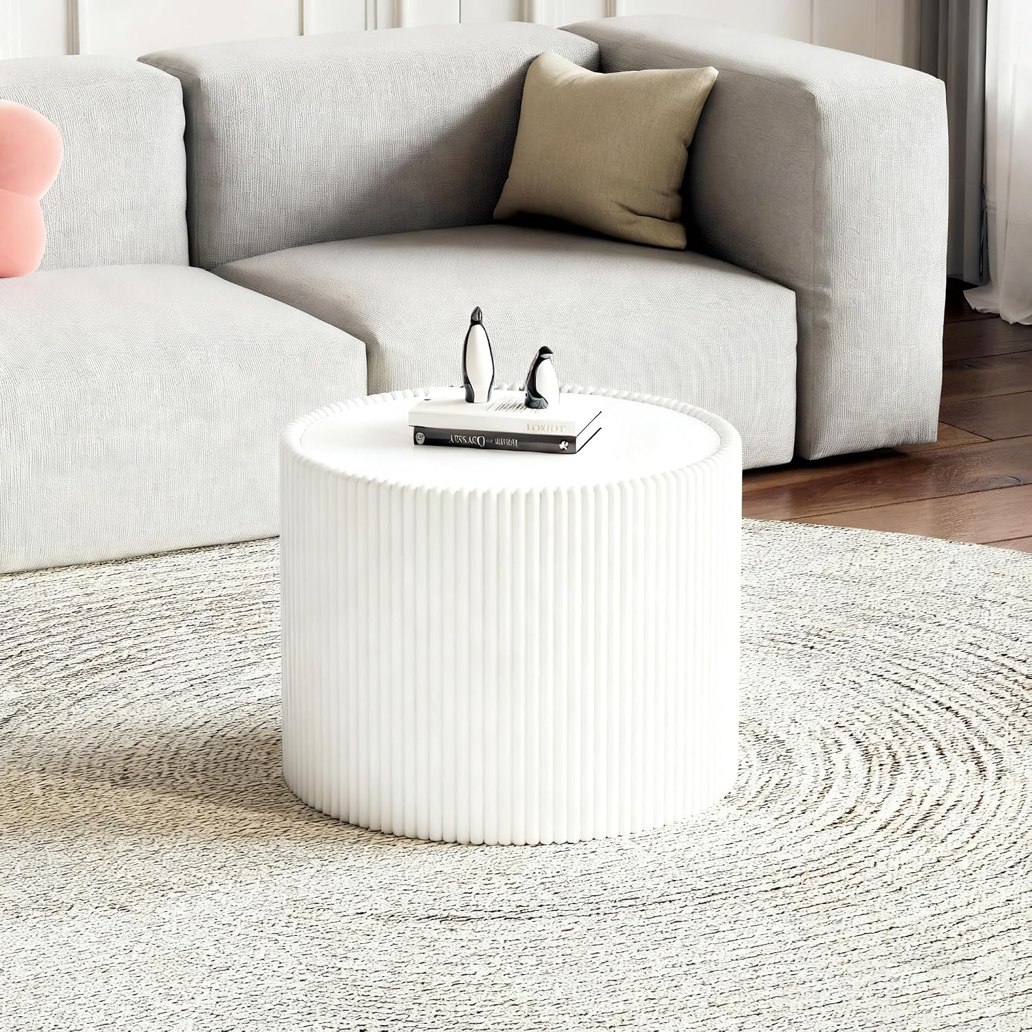 Modern Round Coffee Table Set of 2 Luxury Sintered Stone Top Coffee End Table in Black/White Leatherette Drum-Shape Small Coffee Side End Tables for Living Room,Fully Assembled