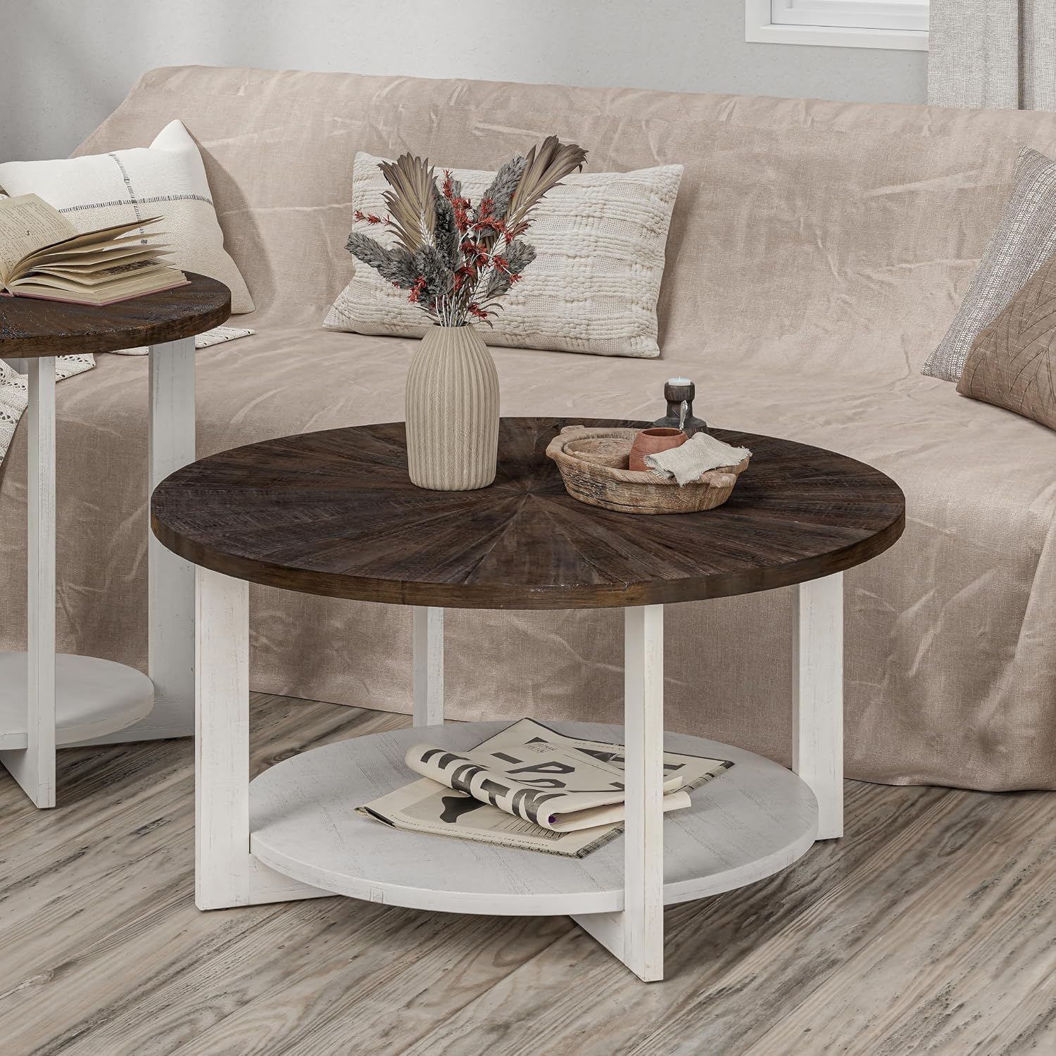 Round Wood Coffee Table with Distressed Finish Top, Two-Tone Living Room Table with Lower Storage Shelf, Farmhouse Center Table, Large Circle, Brown and White