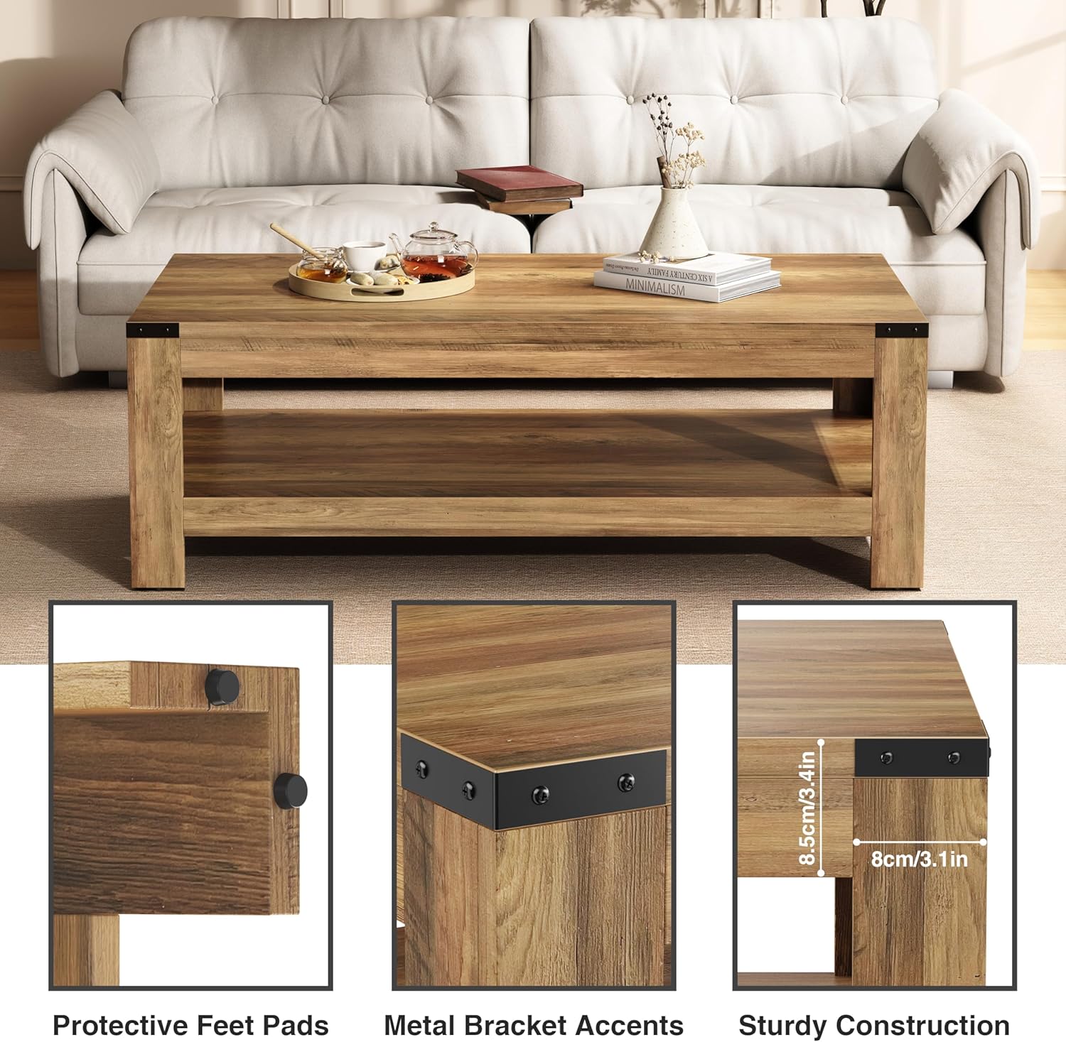 Farmhouse Coffee Table, 47.2' Modern Rustic Wooden Center Table with Storage, Rectangle Living Room Tables, 2-Tier Industrial Cocktail Tea Table for Living Room