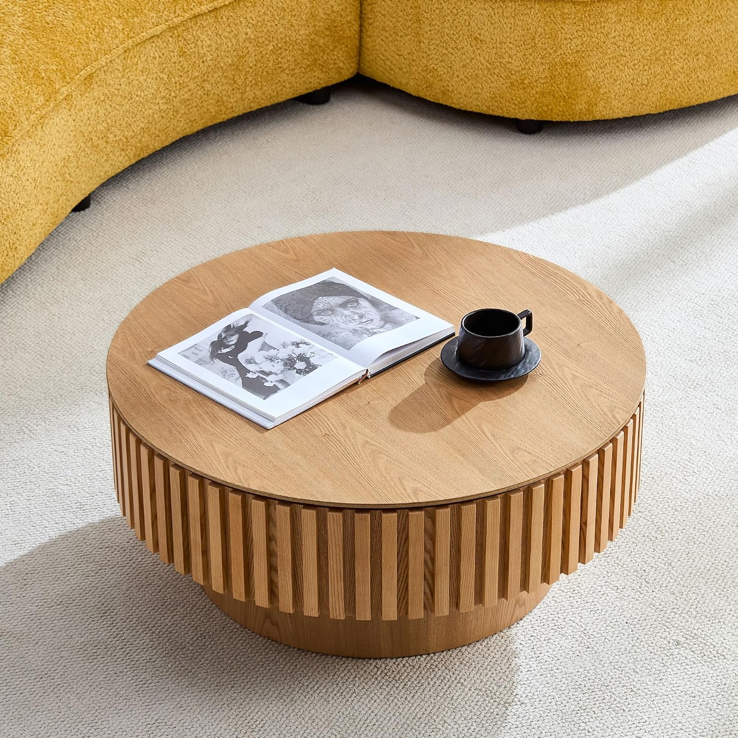 31.49'' Round Coffee Table Modern Wood Coffee Table with Storage for Living Room, Circle Fluted Drum Pedestal Style, Easy Assembly, Oak