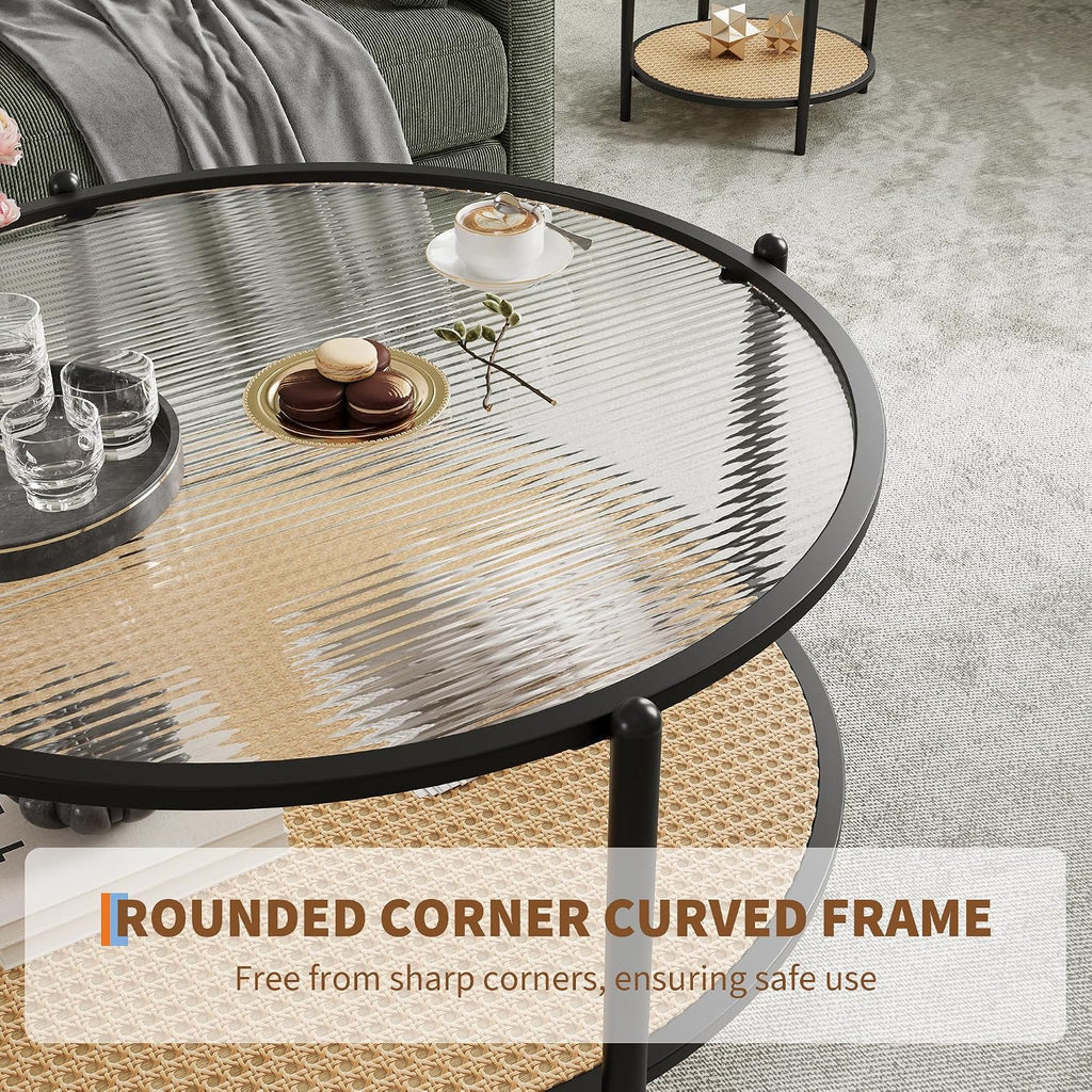 30' Round Rattan Coffee Table, 2-Tier Black Gold Glass Storage Center Table for Living Room, Modern Circle Small Round Coffee Table with Tempered Water-Wave Glass Top & Metal Frame for Bedroom, Office