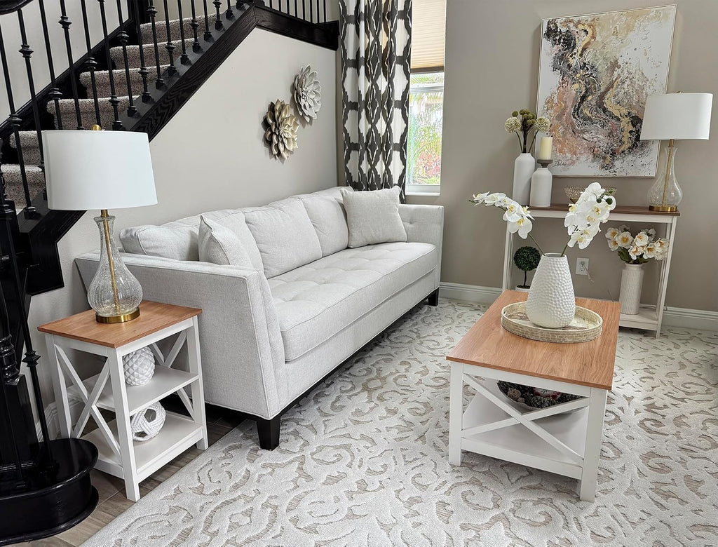 MAISON ARTS Farmhouse Coffee Table 39'', 2-Tier Coffee Table Set with Storage for Living Room, X-Frame Design Rustic Center Table, Easy Assembly, Ivory White