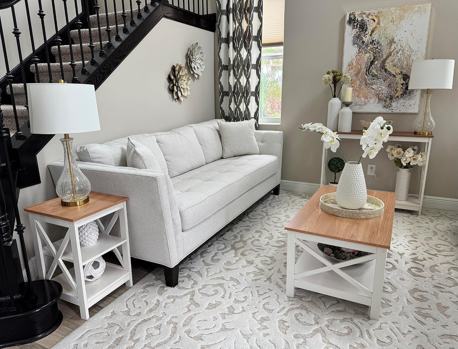 MAISON ARTS Farmhouse Coffee Table 39'', 2-Tier Coffee Table Set with Storage for Living Room, X-Frame Design Rustic Center Table, Easy Assembly, Ivory White