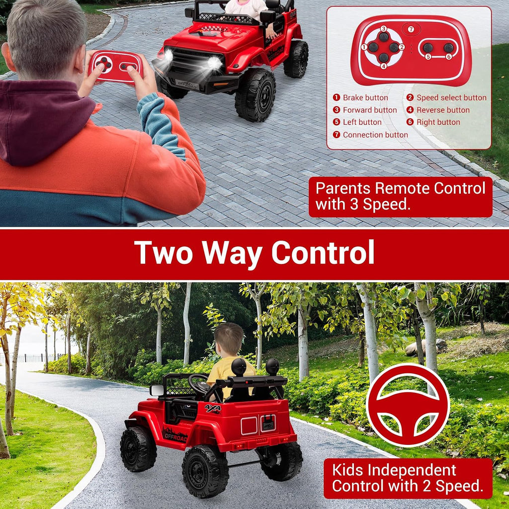 SEHOMY Kids Ride On Truck with Parent Remote, 12V Battery Powered Electric Car Girls Toys - 3 Speed, Spring Suspension, LED Lights, Safety Start, Music, 4 Wheels Kids' Electric Vehicles Red