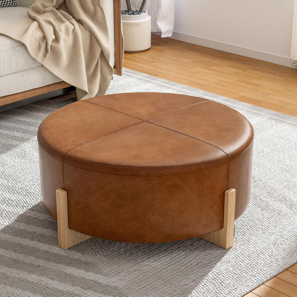 Christopher Knight Home Holmes Modern Faux Leather Upholstered Ottoman Coffee Table, Wooden Round Cocktail Ottoman, Large Living Room Sofa Footstool/Footrest, Brown+Natural