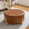 Christopher Knight Home Holmes Modern Faux Leather Upholstered Ottoman Coffee Table, Wooden Round Cocktail Ottoman, Large Living Room Sofa Footstool/Footrest, Brown+Natural