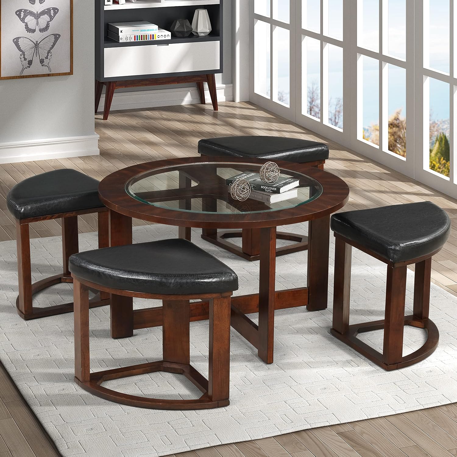 Roundhill Furniture Cylina Solid Wood Glass Top Round Coffee Table with 4 Stools, Espresso, 36.00 x 36.00 x 19.00 Inches