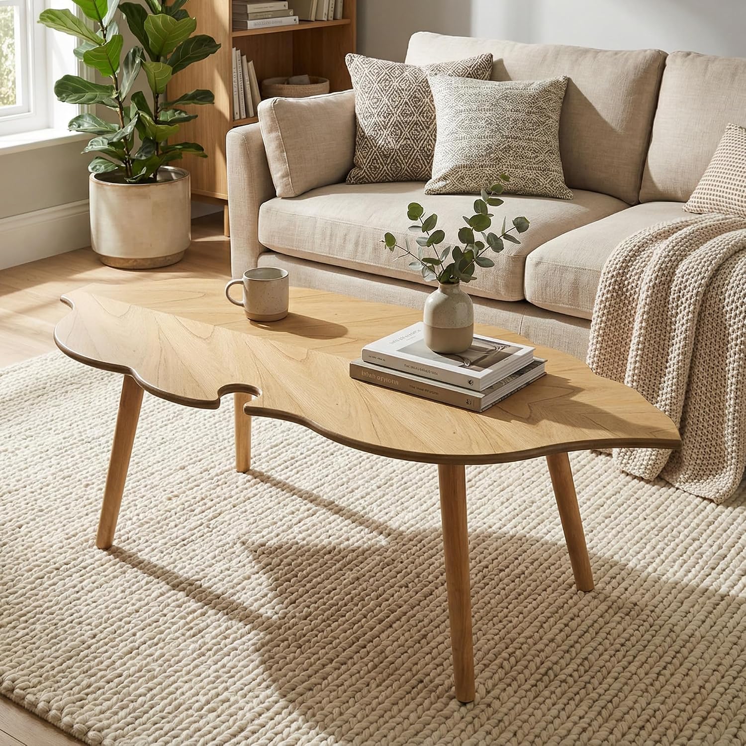 HNY Modern Coffee Table for Living Room, Natural Wood Coffee Table Farmhouse Center Table Vivid Leaf Table End Table with Rustic Grain Side Table with Wood Leg for Bedroom Office Cafe Small Space