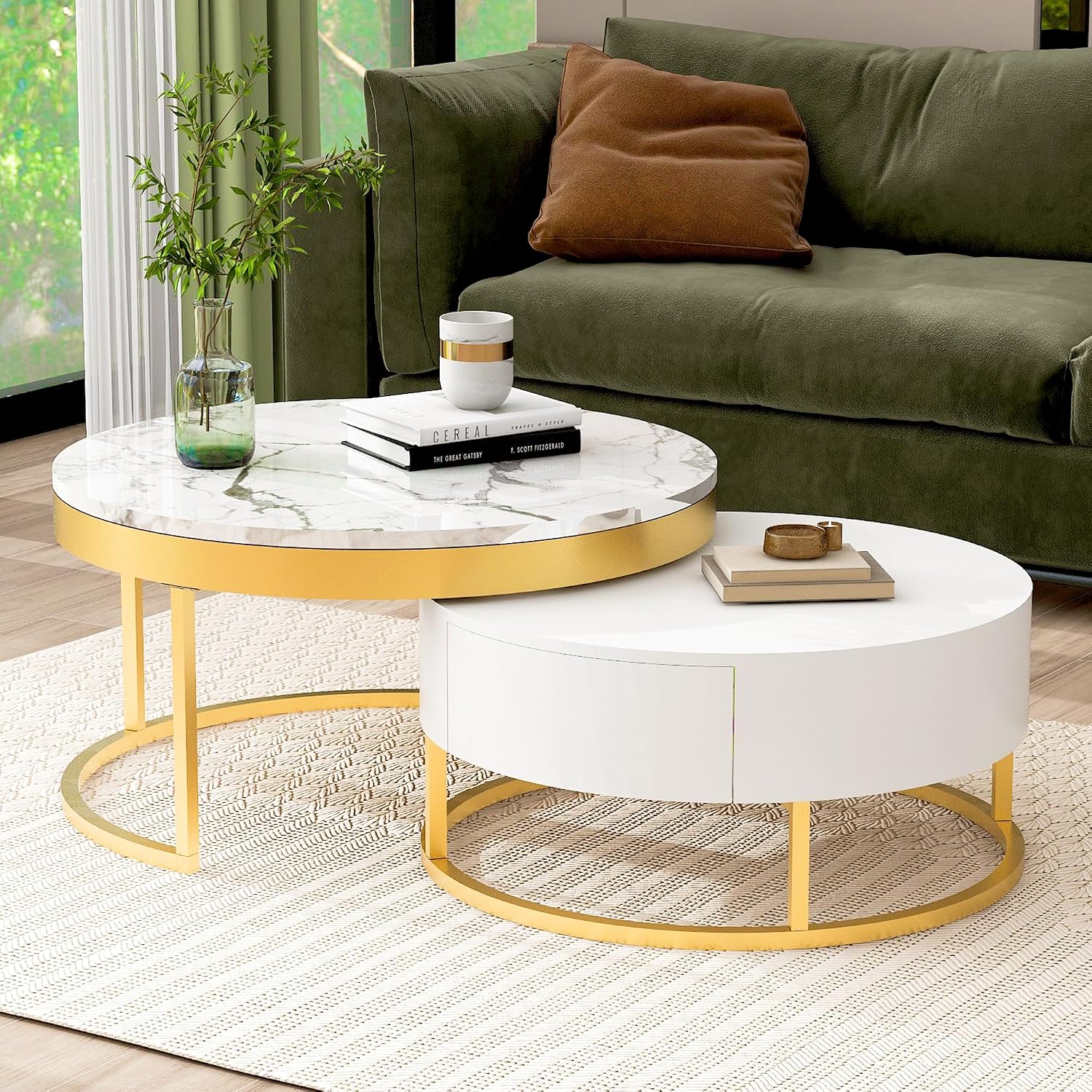 31.5' Round Modern Nesting Coffee Table with Drawers,White