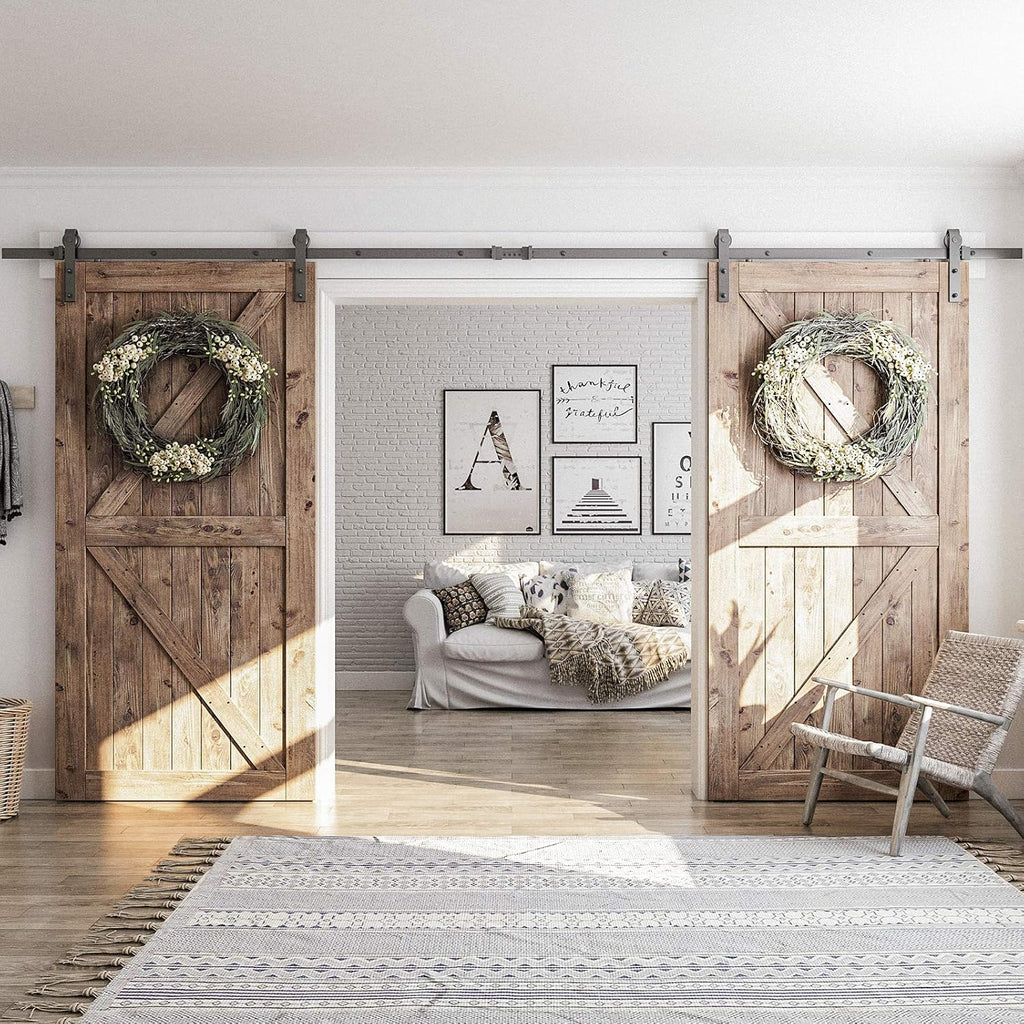 SMARTSTANDARD 13 FT Double Barn Door Hardware Kit, Sliding Door Track-Smoothly and Quietly -Includes Detailed Installation Fit 36'-40' Wide Door Panel(J Shape Hanger) Black