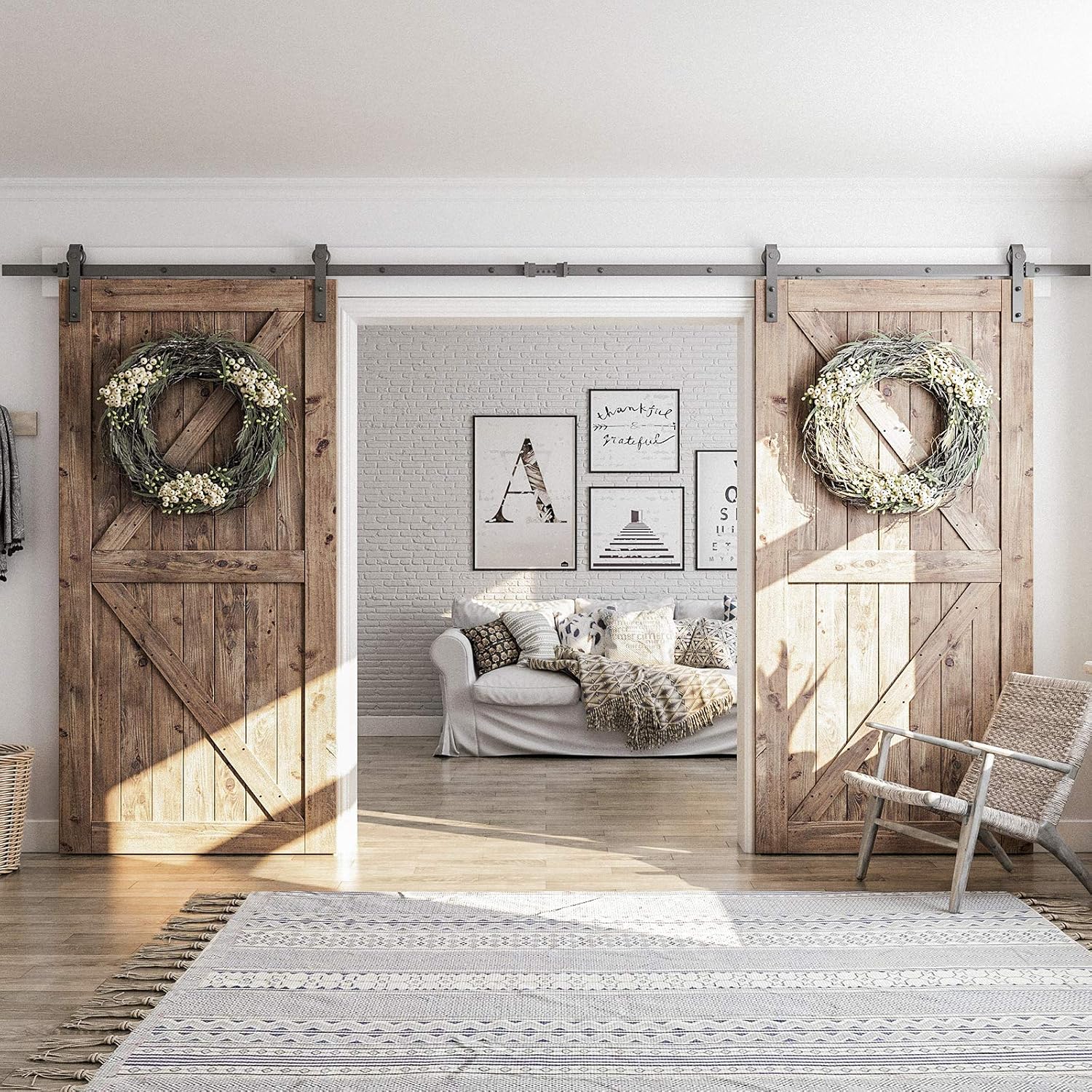 SMARTSTANDARD 13 FT Double Barn Door Hardware Kit, Sliding Door Track-Smoothly and Quietly -Includes Detailed Installation Fit 36'-40' Wide Door Panel(J Shape Hanger) Black