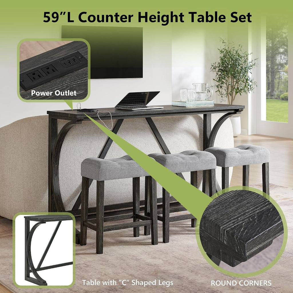 Merax 59 Inch Industrial Bar Table Set with Power Outlet, 3 Linen Upholstered Stools, Counter Height Table Set with 24 Inch Seat Height Stools for Kitchen, Living Room,Black+Light Gray