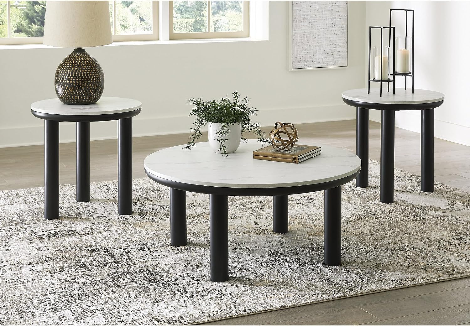 Signature Design by Ashley Xandrum Casual Faux Marble Occasional Table Set, Set of 3, Black & White
