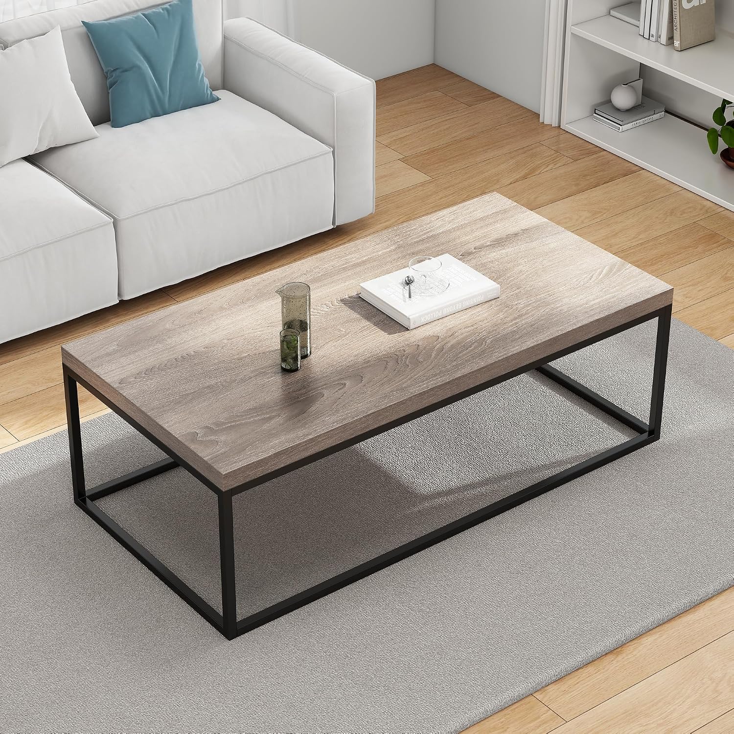 CENSI 47' Industrial Coffee Table, Rustic Grey French Oak Finish, Extra Thick 1.6' Wood Top, Sturdy Metal Frame, Modern Farmhouse Rectangular Cocktail Center Table for Living Room, Easy Assembly