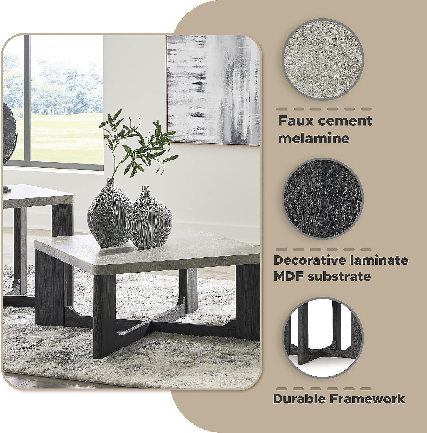 Signature Design by Ashley Sharstorm Modern Table Set with Faux Cement Melamine Tabletop, Set of 3, Light Gray & Gray