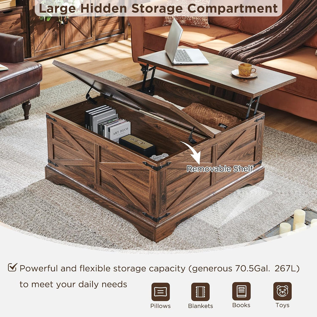 JXQTLINGMU 3-Piece Farmhouse Coffee Table and End Table Sets, Includeds 36' Lift Top Square Coffee Table w/Storage & 2 Rustic Wood End Tables w/Charging Station & Barn Doors for Living Room, Brown
