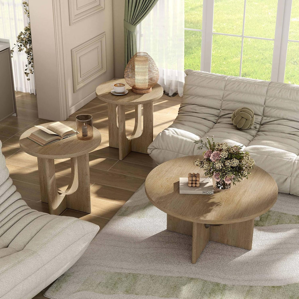 Furniture of America Aveline Modern 3 Piece Round Coffee Table Set with Cutout Trestle Base, Living Room Set for Small Space, Home Office, Bedroom, Natural
