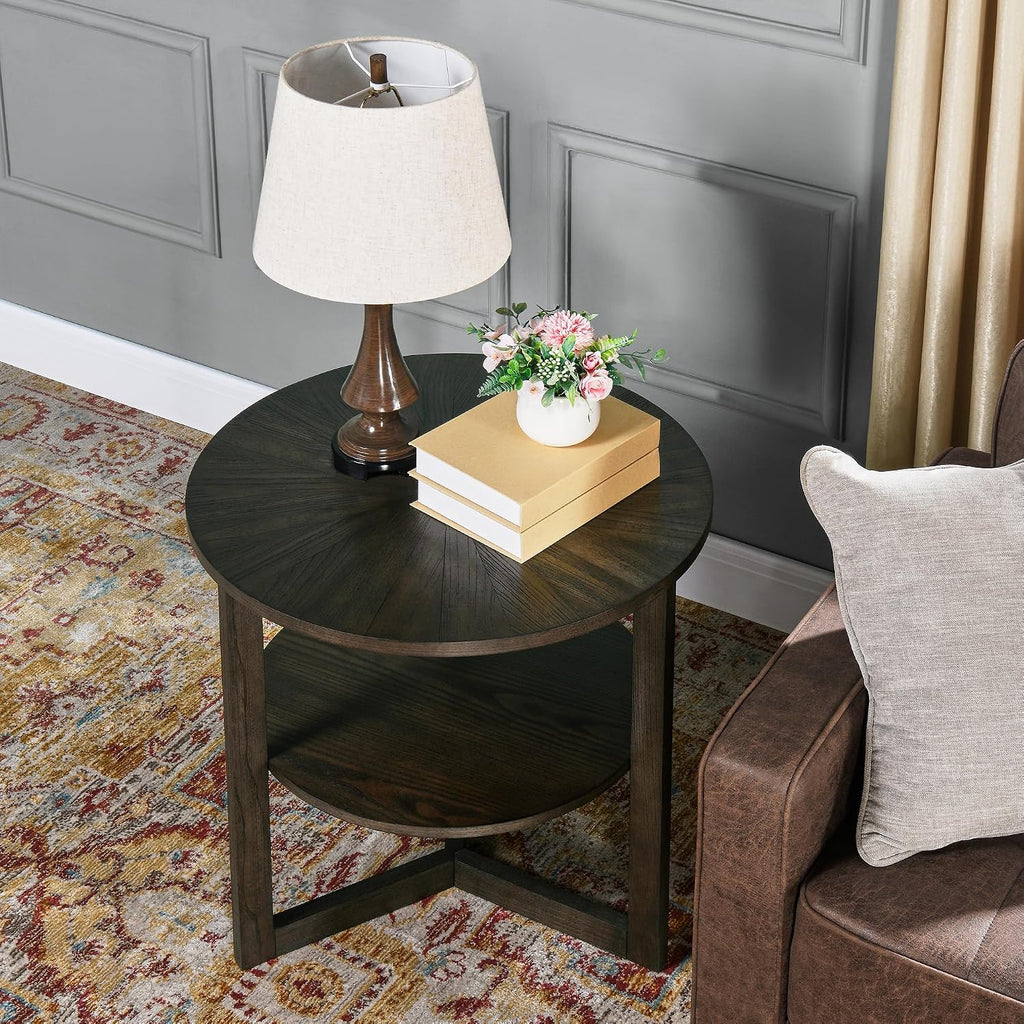 PADMA HOUSE 25' Round Wood End Table, 2-Tier Solid Wood Rounded Accent Side Table Circle Nightstand Table with Storage Shelf Vintage Furniture for Home Living Room Bedroom,Black Brown 3338BK