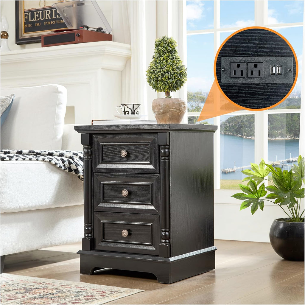 OKYCI Modern Coffee Table and End Table Set of 3 for Living Room, Includes 31.5' Coffee Table & 2 Side Table with 3 Drawers & Charging Station, Black