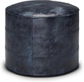 SIMPLIHOME Connor Round Pouf - 18 inch Wide Upholstered Genuine Leather Ottoman in Distressed Navy Blue, Boho Footstool or Extra Seating for Living Room or Bedroom with Polystyrene Filling, Assembled