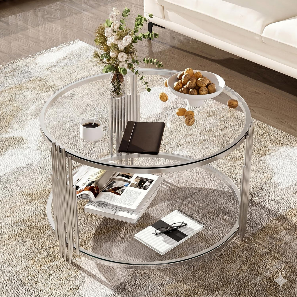 SSLine 3-Piece Round Living Room Table Set, Modern Clear Glass Coffee Table with 2 End Tables, Luxury Circle 2-Tier Storage Coffee Table Set with Silver Stainless Steel Frame for Living Room