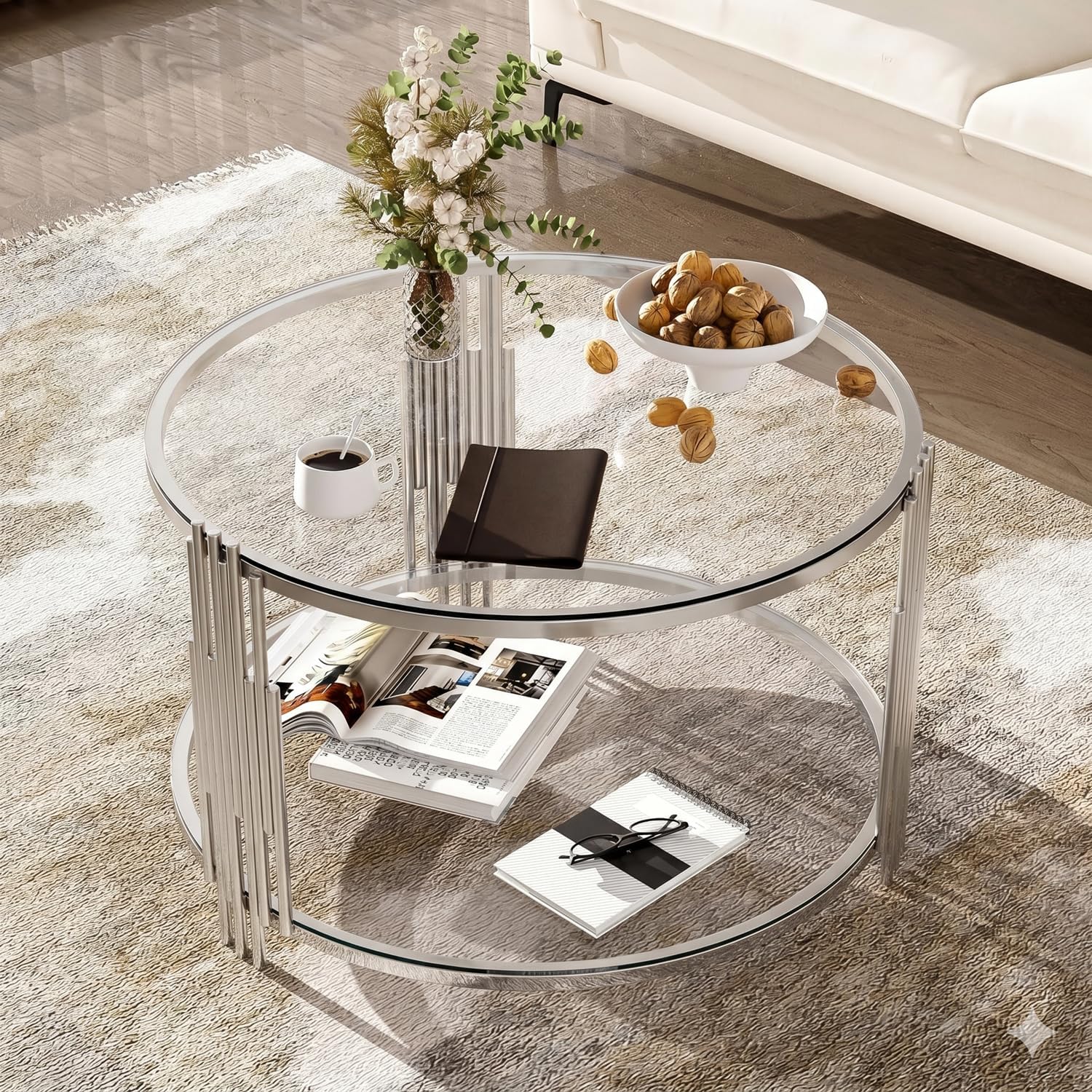 SSLine 3-Piece Round Living Room Table Set, Modern Clear Glass Coffee Table with 2 End Tables, Luxury Circle 2-Tier Storage Coffee Table Set with Silver Stainless Steel Frame for Living Room