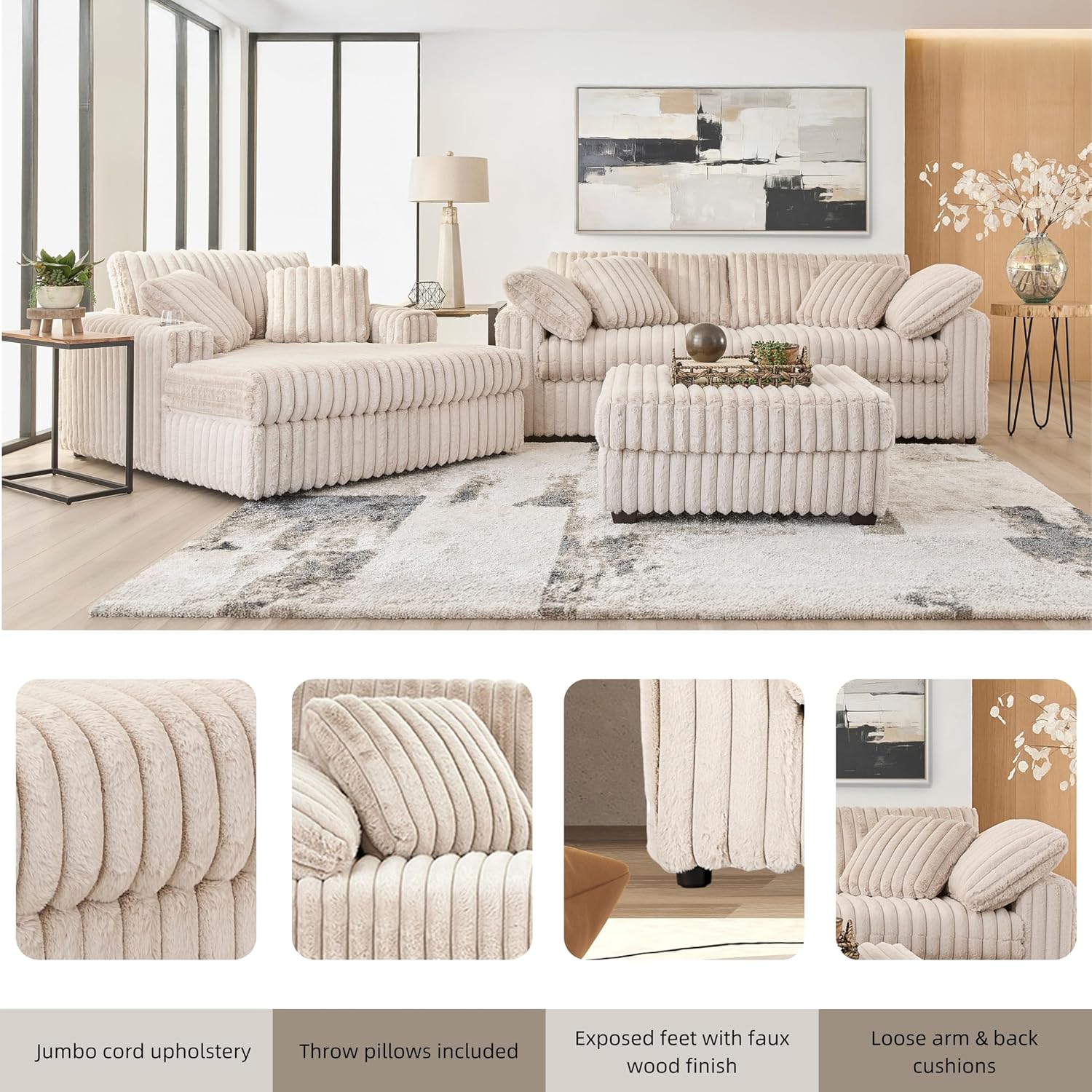 Roundhill Furniture Belvoir 3-Piece Living Room Set, Sofa Cuddle Chaise and Ottoman, Beige Champagne