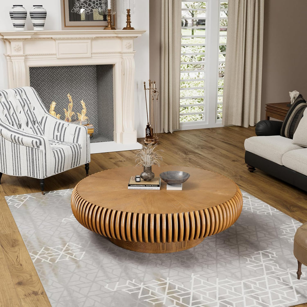 39.37' Round Drum Coffee Table, Modern Fluted Coffee Tables with Solid Wood Veneer, Wooden Circle Center Table for Living Room, Small Spaces, and Apartments, Easy Assembly