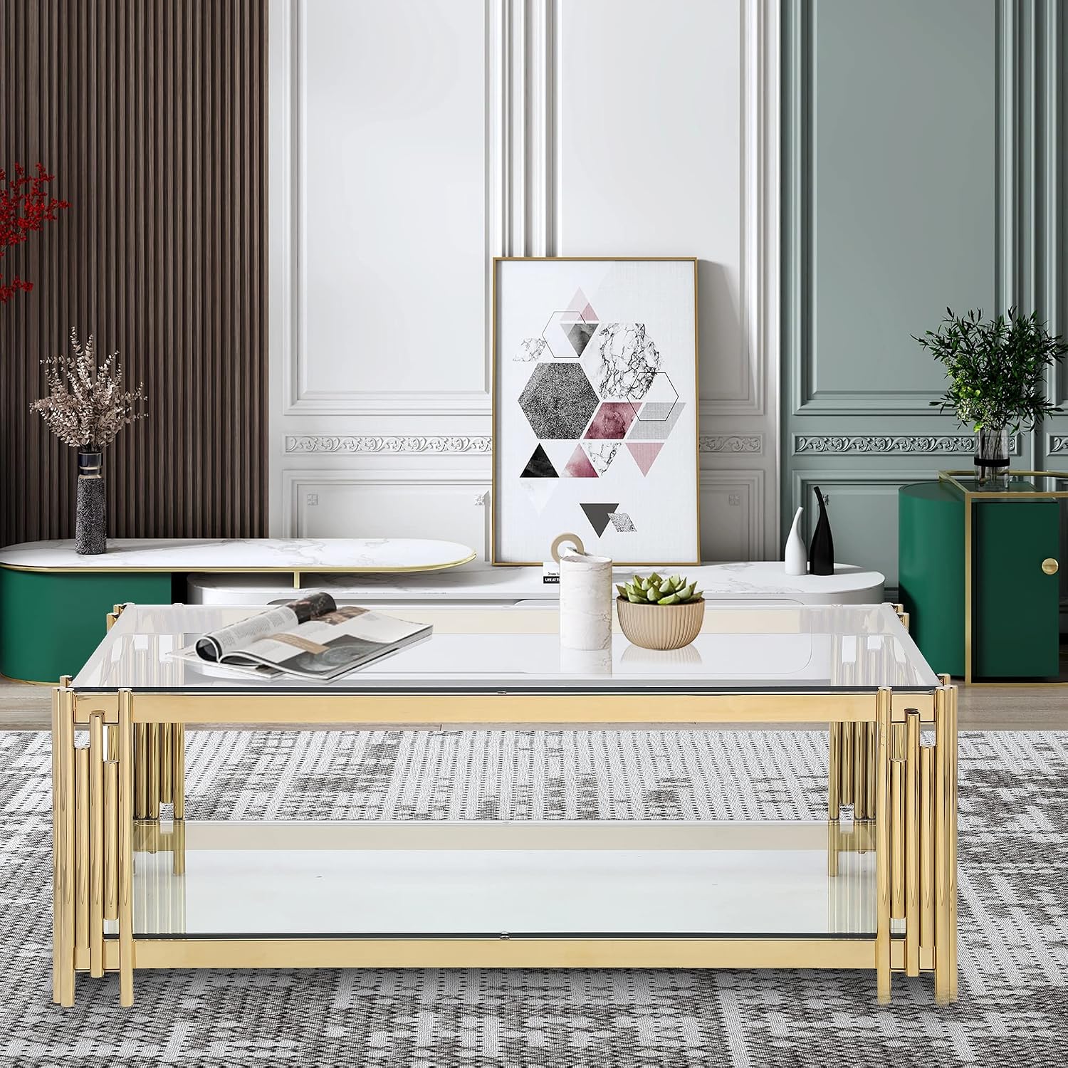 SSLine Clear Glass Coffee Table with Gold Stainless Steel Frame Luxury Rectangle 2-Tier Coffee Table for Living Room Modern Elegant Cocktail Center Table with Storage Shelves for Home Office