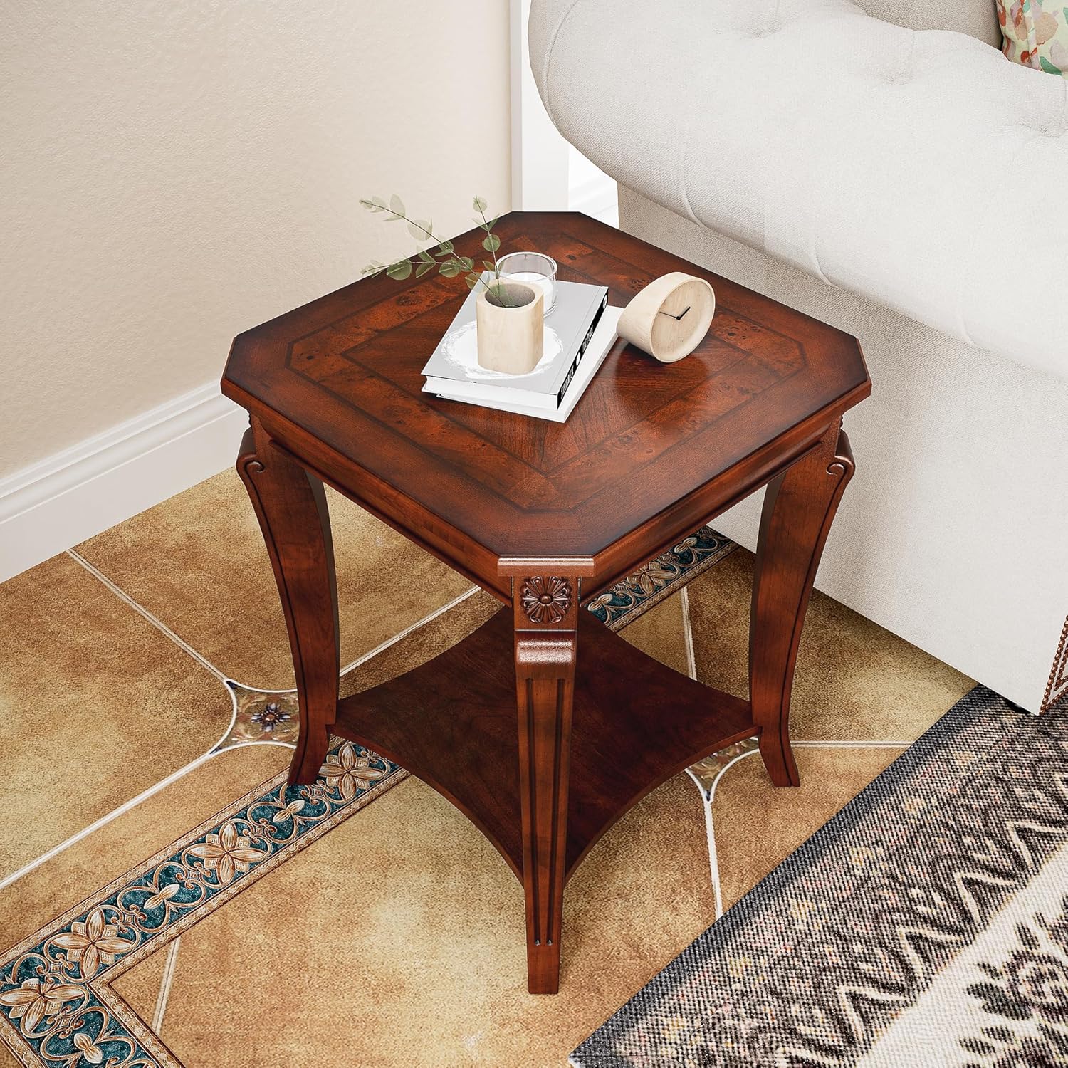 LEEMTORIG Coffee Table Set of 3 for Living Room, 3 Piece Living Room Coffee Table and End Tables Set, Vintage Wood Queen Anne Style 2-Tier Tables with Storage Shelf, Cherry Walnut KFZCJZ-A1168-WD