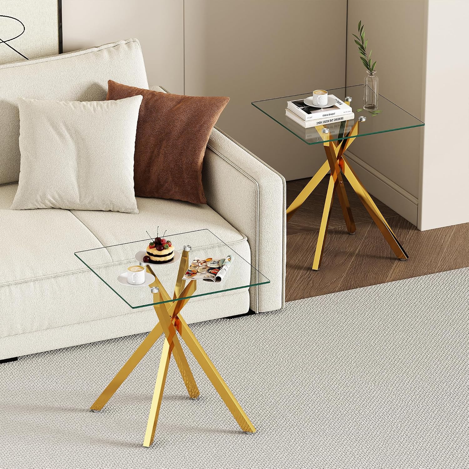 Glass Coffee Table Set of 3 Piece, Living Room Tables Set of 3 Pcs, Including 1 Coffee Table and 2 End Side Tables, Metal Frame, Tempered Glass, for Small Space, Apartment (Golden, W39.37' + W17.72')