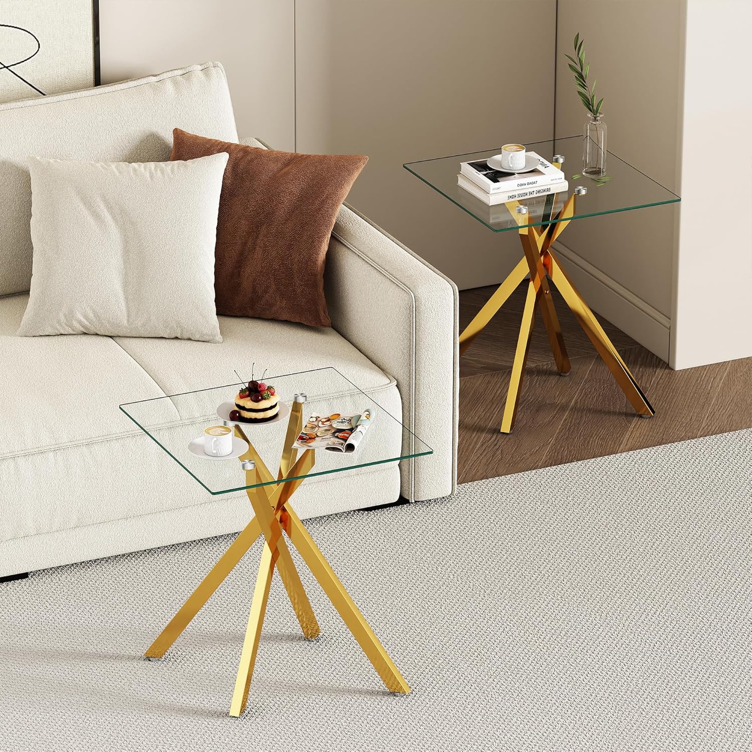 Glass 3 Piece Living Room Table Set,Glass Coffee Table and End Table Sets,Accent Table Sofa Table Sets with X-Designed Metal Legs and Tempered Glass Tabletop for Living Room Furniture (3, Gold)