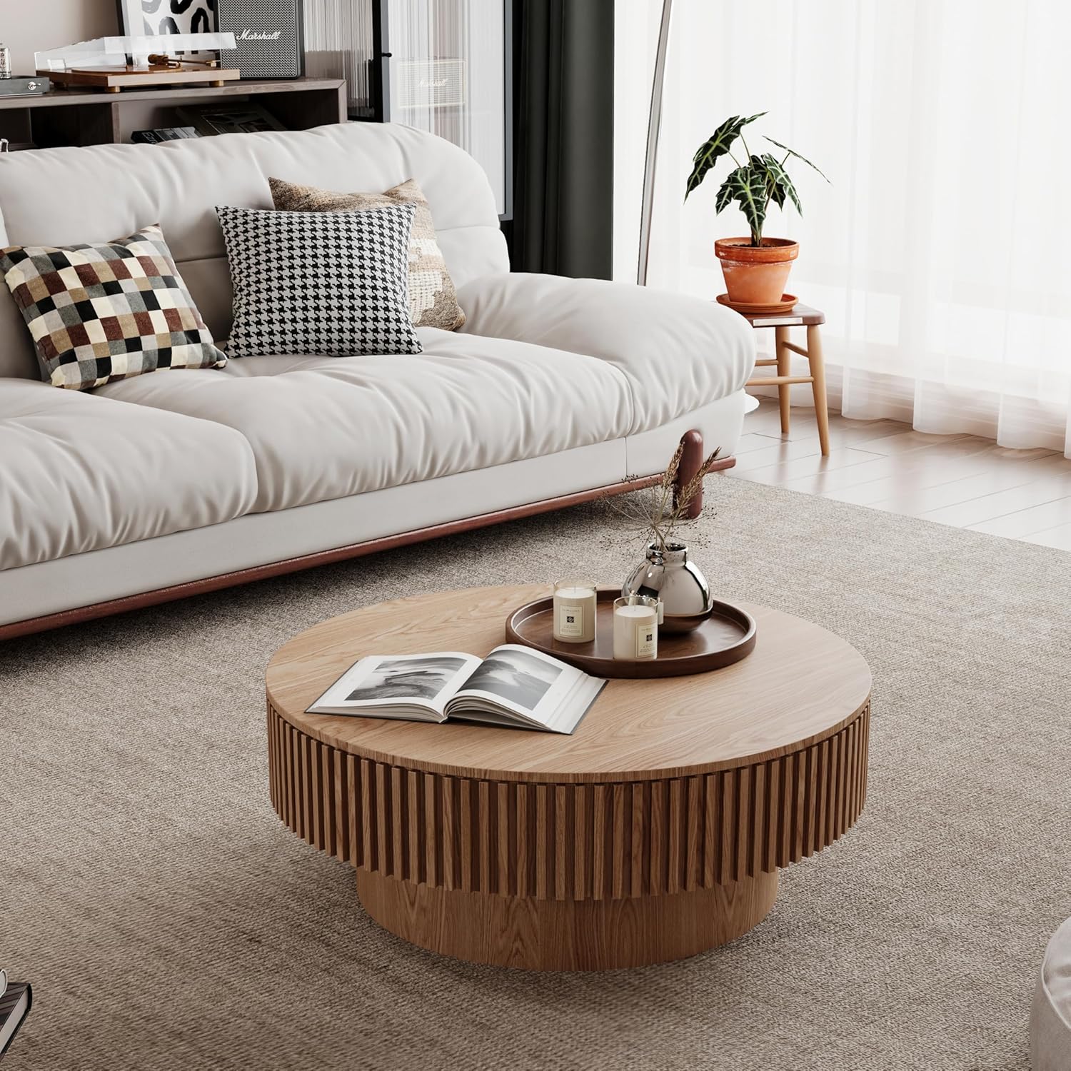 31.5' Round Coffee Table with Hidden Storage Compartment, Modern Handcraft Fluted Drum Coffee Table, Wooden Circle Center Table Cocktail Tea Table with Sturdy Pedestal for Living Room,Natural