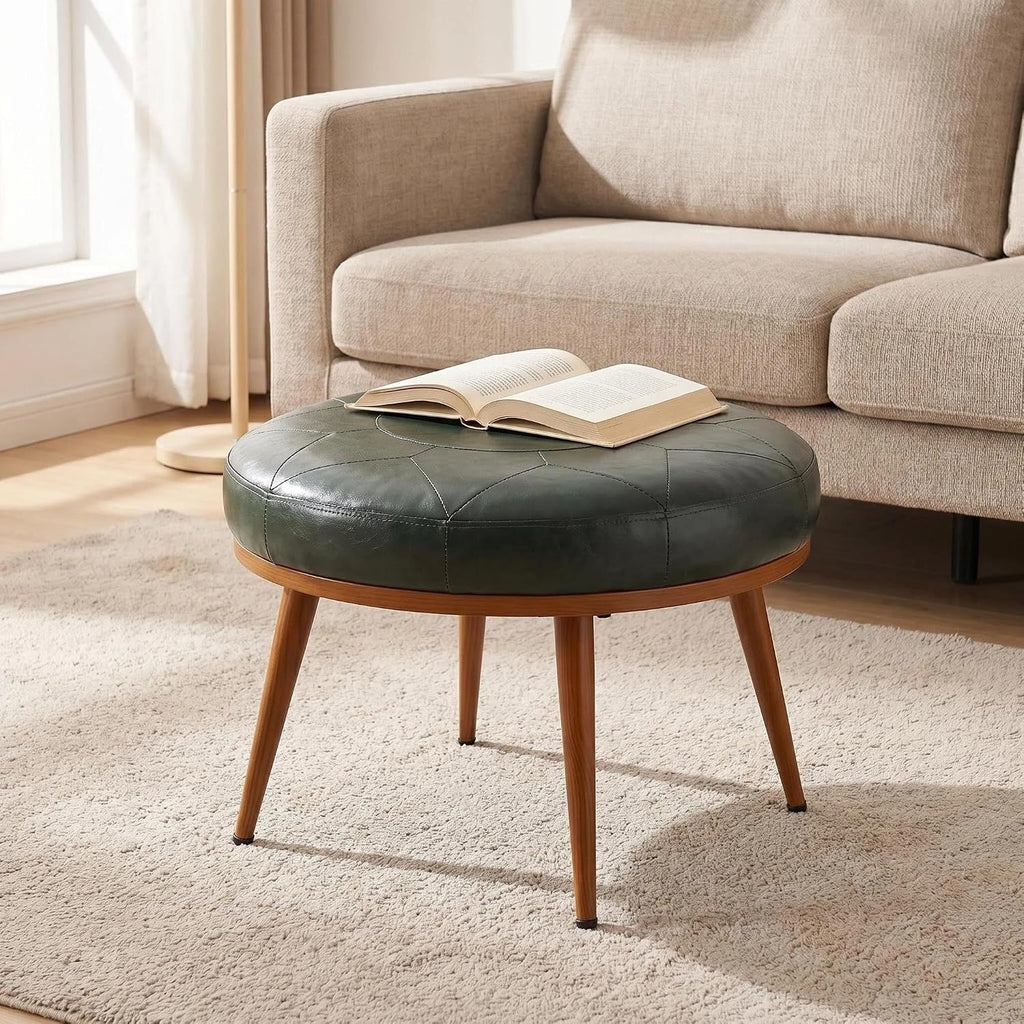 Green Round Ottoman Coffee Table, 24-Inch Faux Leather Cushioned Footstool with Solid Wood Bookshelf & Frame, Multifunctional Storage Ottoman for Living Room, Bedroom