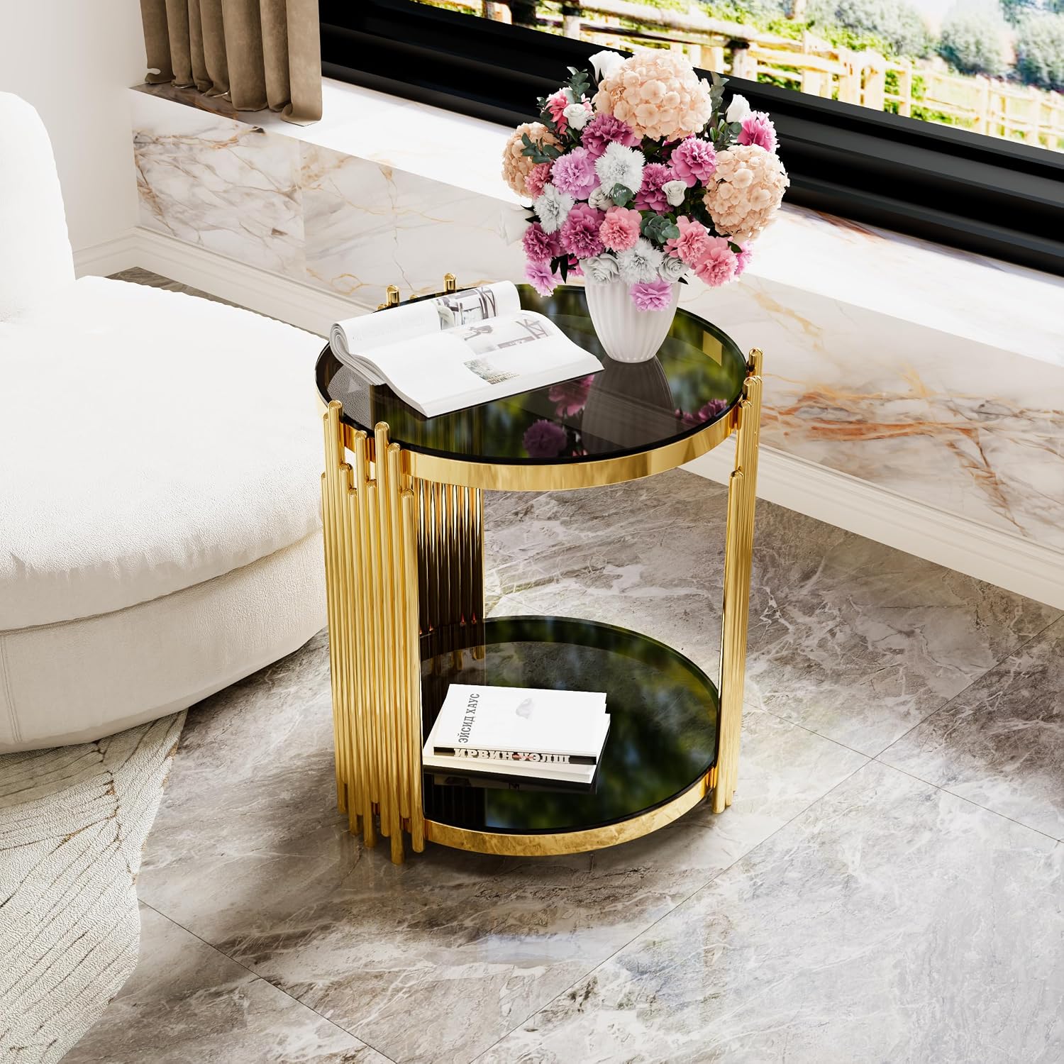 19.8'' Tempered Glass Side Tabel Round End for Living Room, 2-Tier Modern Accent Circle Design, Black Mirror Tabletop & Metal Drum Base, Easy Assembly, Black & Gold