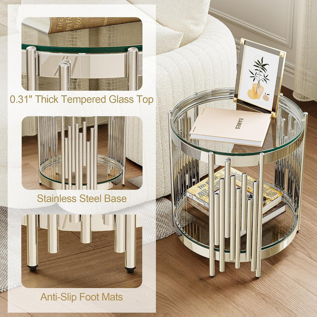 Round Glass Coffee Table Set of 2, 2-Tier Modern Living Room Table and End Table, Clear Tempered Glass Tabletop with Silver Mirrored Stainless Steel Table Base, for Living Room, Office, Bedroom