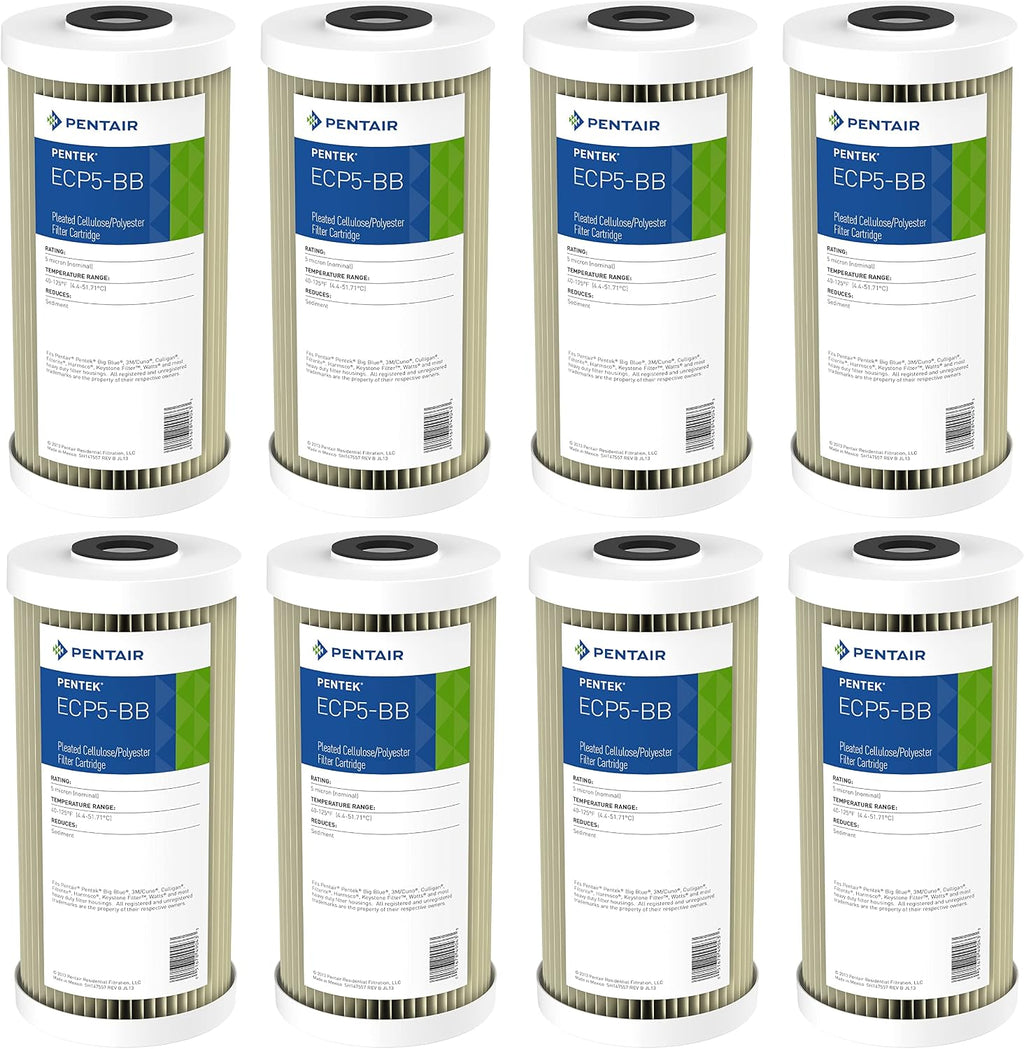 Pentair Pentek ECP5-BB Big Blue Sediment Water Filter, 10-Inch, Whole House Heavy Duty Pleated Cellulose Polyester Replacement Cartridge, 10' x 4.5', White End-Cap, 5 Micron, Pack of 8