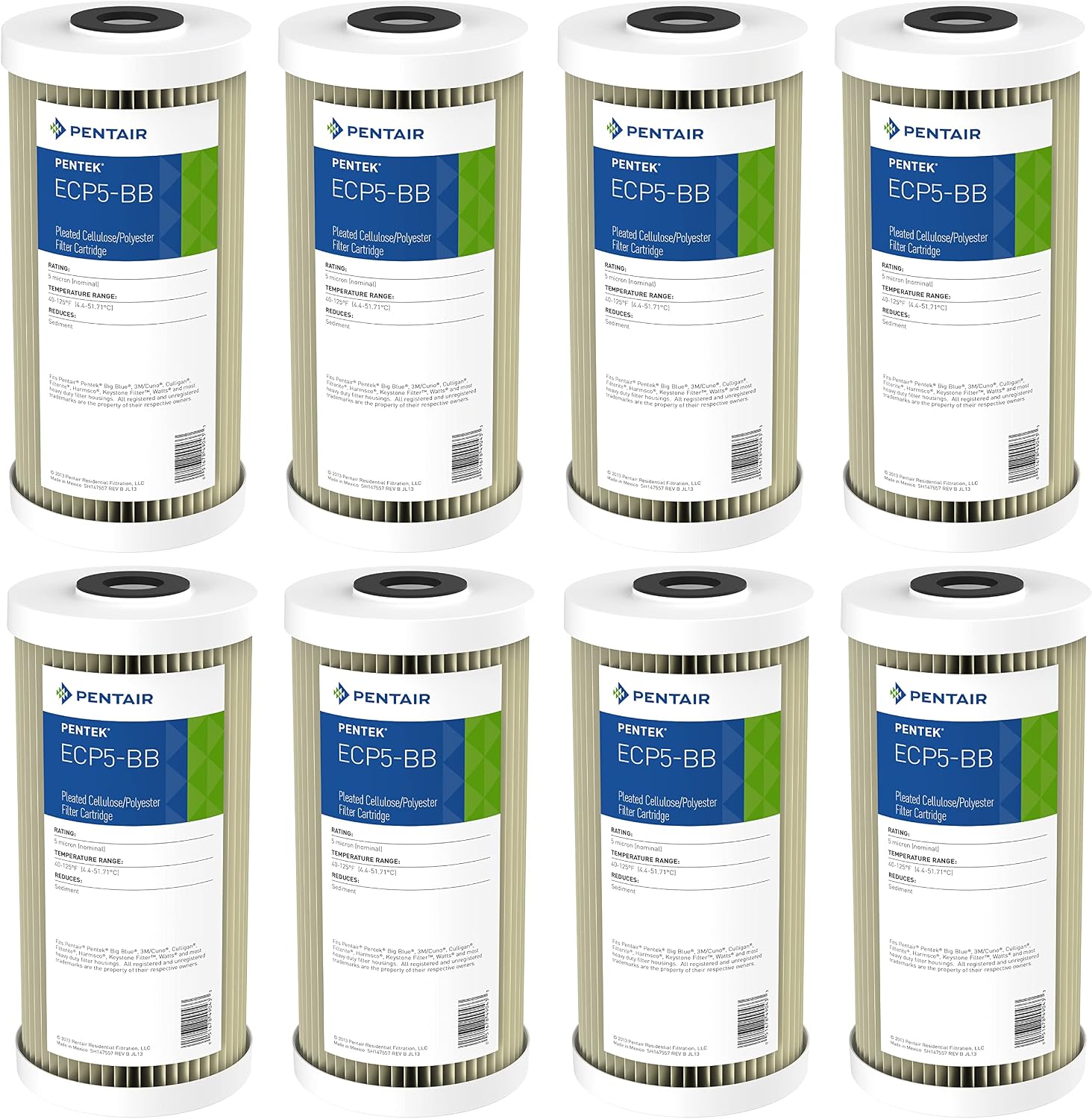 Pentair Pentek ECP5-BB Big Blue Sediment Water Filter, 10-Inch, Whole House Heavy Duty Pleated Cellulose Polyester Replacement Cartridge, 10' x 4.5', White End-Cap, 5 Micron, Pack of 8