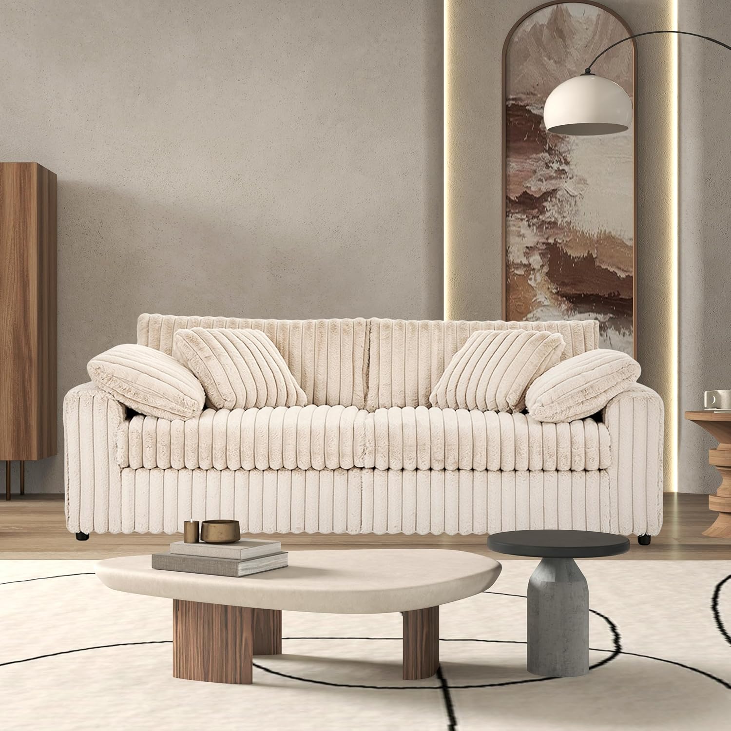 Roundhill Furniture Belvoir 3-Piece Living Room Set, Sofa Cuddle Chaise and Ottoman, Beige Champagne