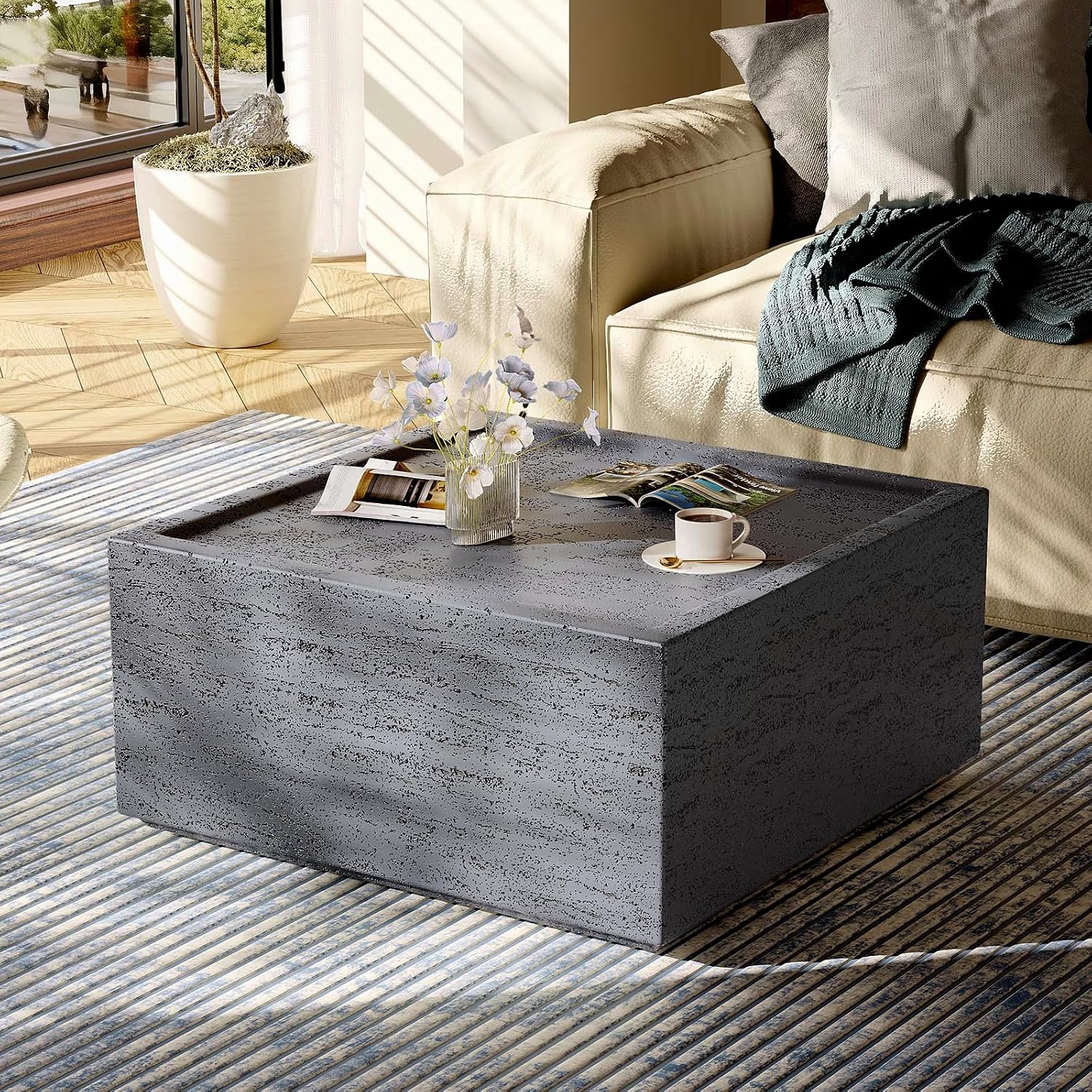 Patio Watcher 28' Modern Square Coffee Table, Light Concrete Textured Center Table for Living Room, Stone Accent Coffee Tea Table for Apartment, 28'×28'×13', No Assembly, Dark Gray