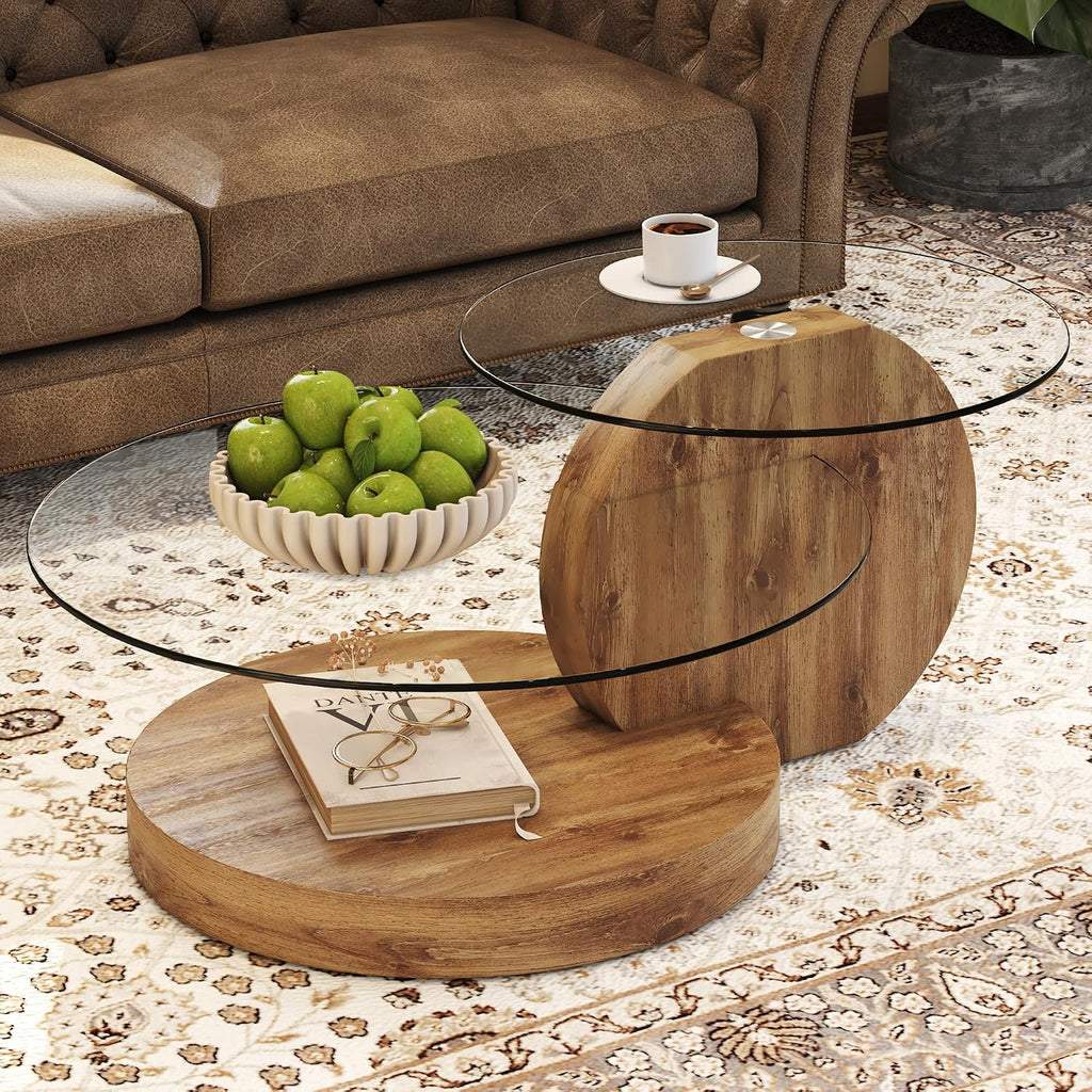 Modern Glass Coffee Table,Small Round Coffee Tables, 42' 3-Tier Circle Wood Coffee Table for Living Room Rustic Circle Center Cocktail Table with Tempered Glass, Unique Accent Table for Small Spaces