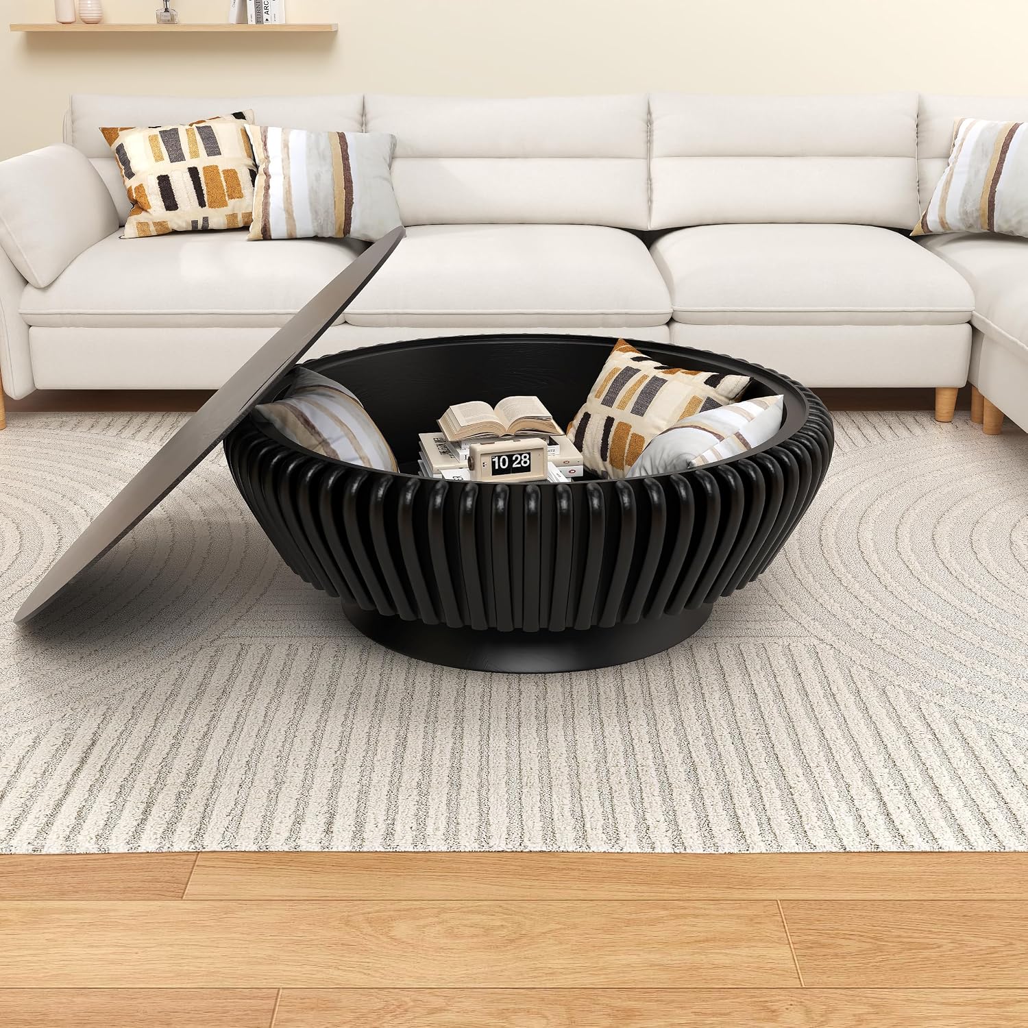 Round Wood Fluted Coffee Table with Storage, 35' Round Fluted Coffee Table with Flip-Top Lid Mid Century Modern Low Circle Drum Coffee Tables for Living Room (Black A, 35')