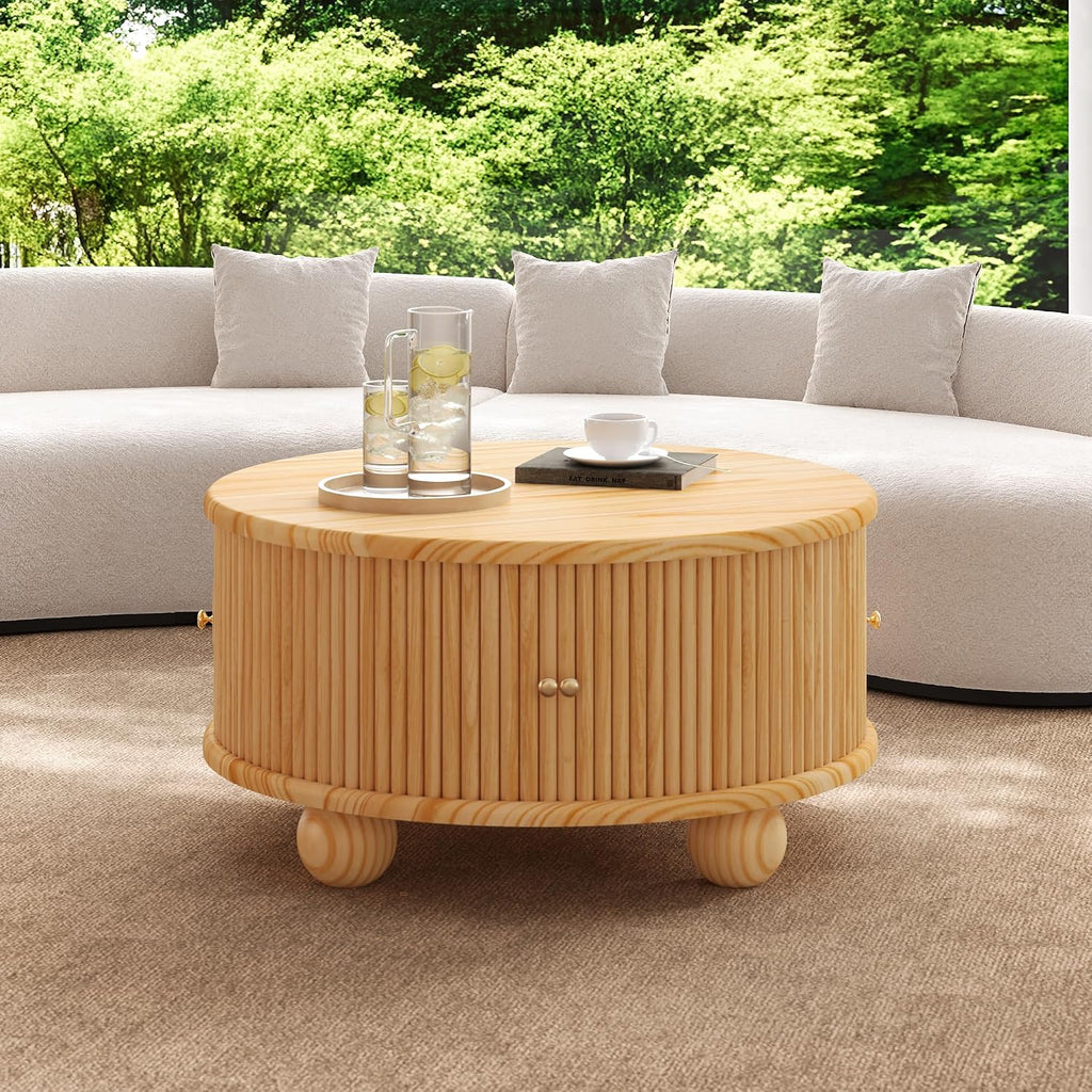 31.8'' Round Coffee Table with Storage Space for Living Room, Modern Fluted Wood Circle Coffee Table, Smooth Sliding Door, Natural