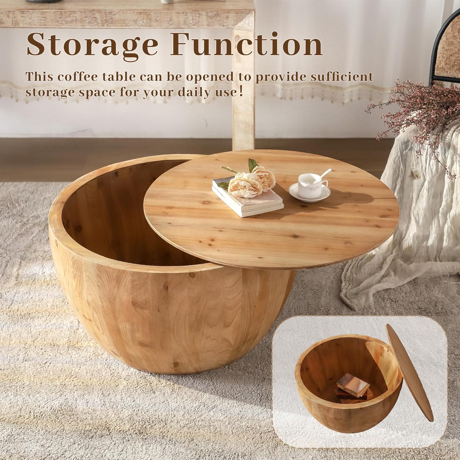 31.50' Coffee Table with Storage, Round Drum Coffee Table for Office, Dining Room and Living Room, Nature