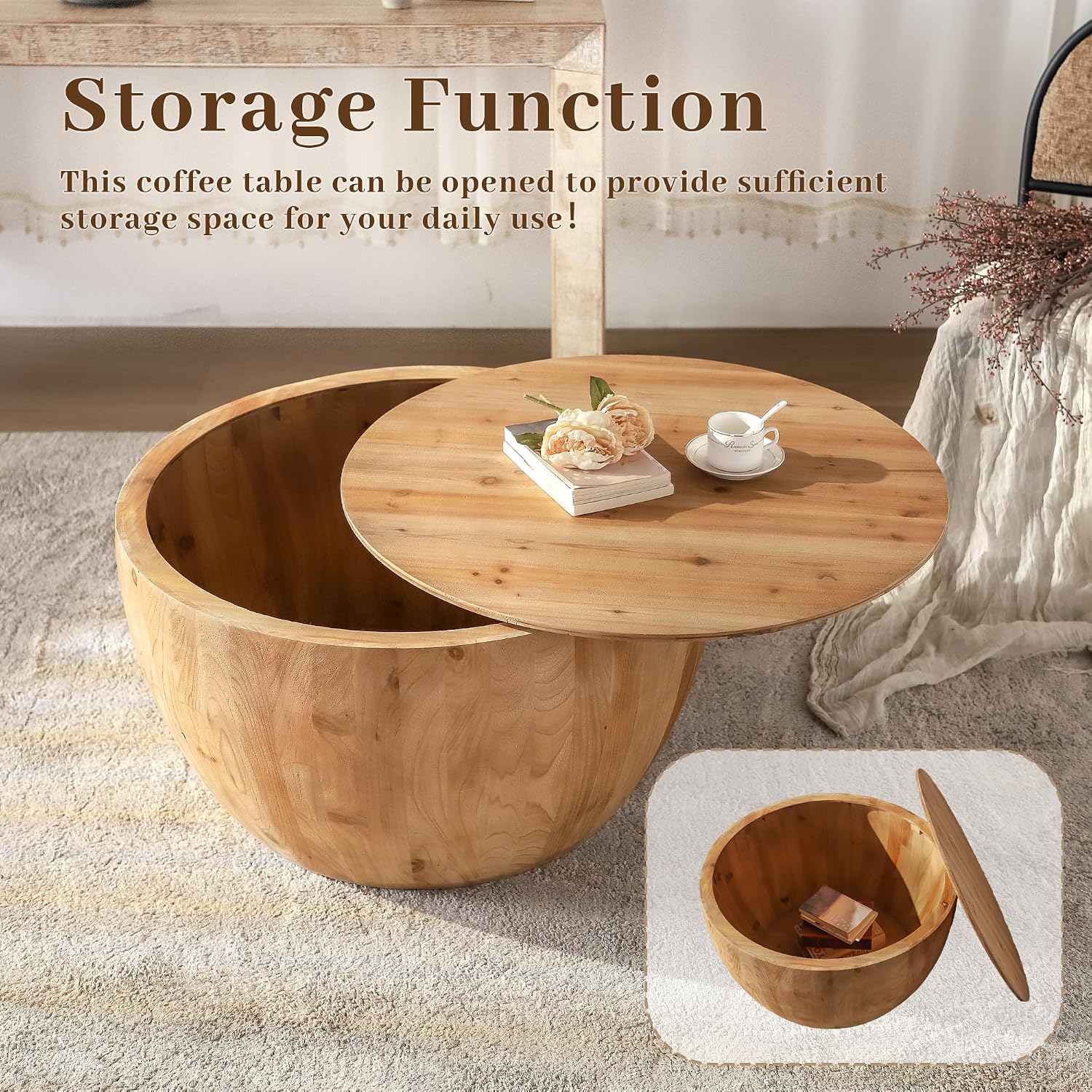 Vintage Style Bucket Shaped Coffee Table, Drum Coffee Table for Office, Dining Room and Living Room, Nature(Two-Piece Set)